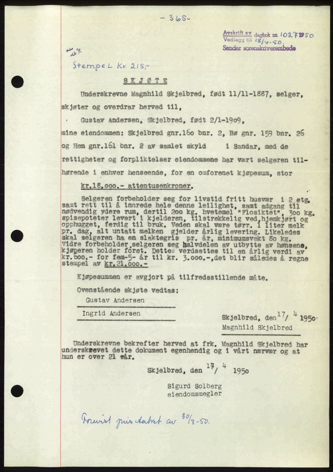 Sandar sorenskriveri, SAKO/A-86/G/Ga/Gaa/L0020: Pantebok nr. A-20, 1949-1950, Dagboknr: 1027/1950