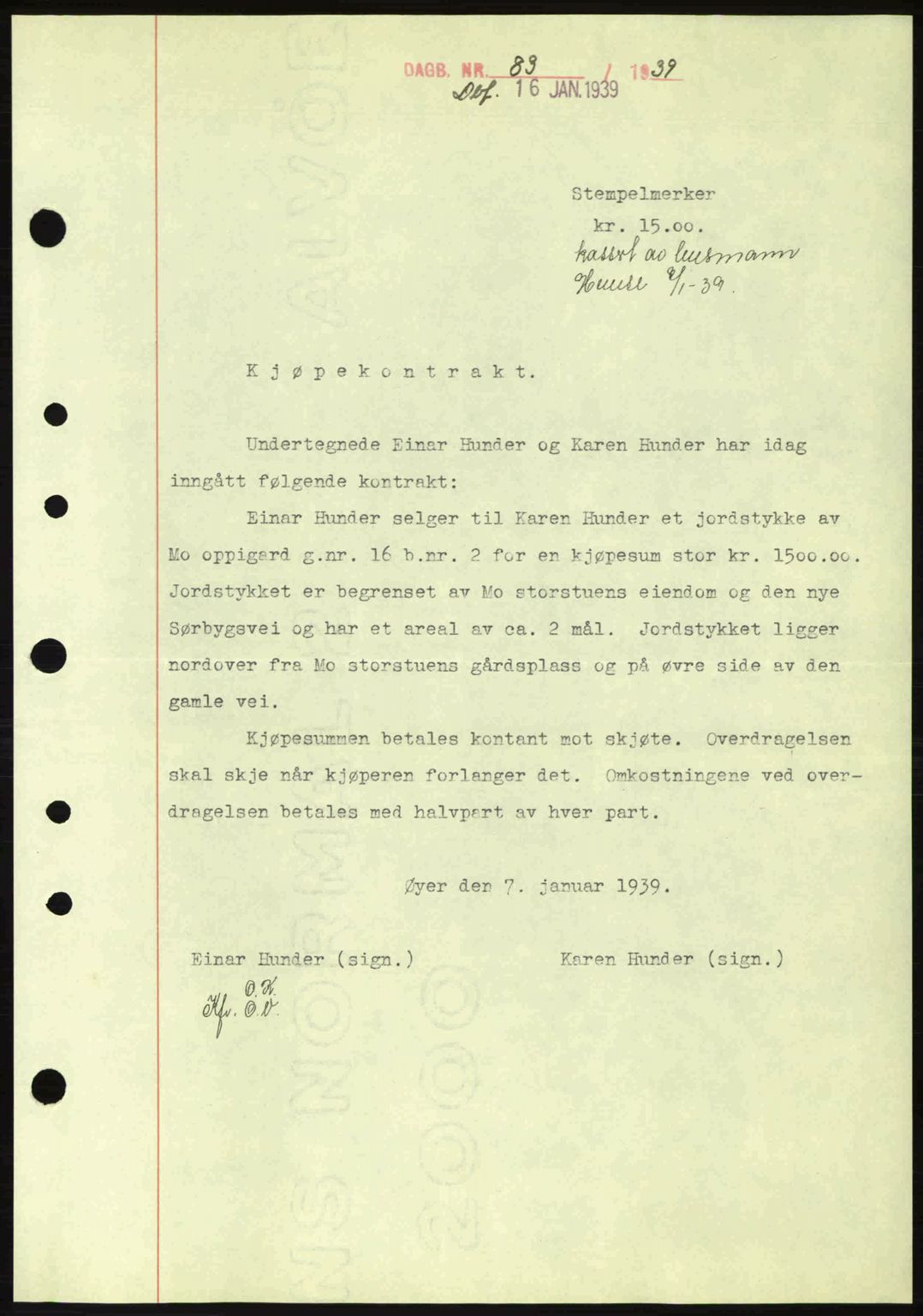 Sør-Gudbrandsdal tingrett, SAH/TING-004/H/Hb/Hbd/L0005: Pantebok nr. A5, 1938-1939, Dagboknr: 83/1939