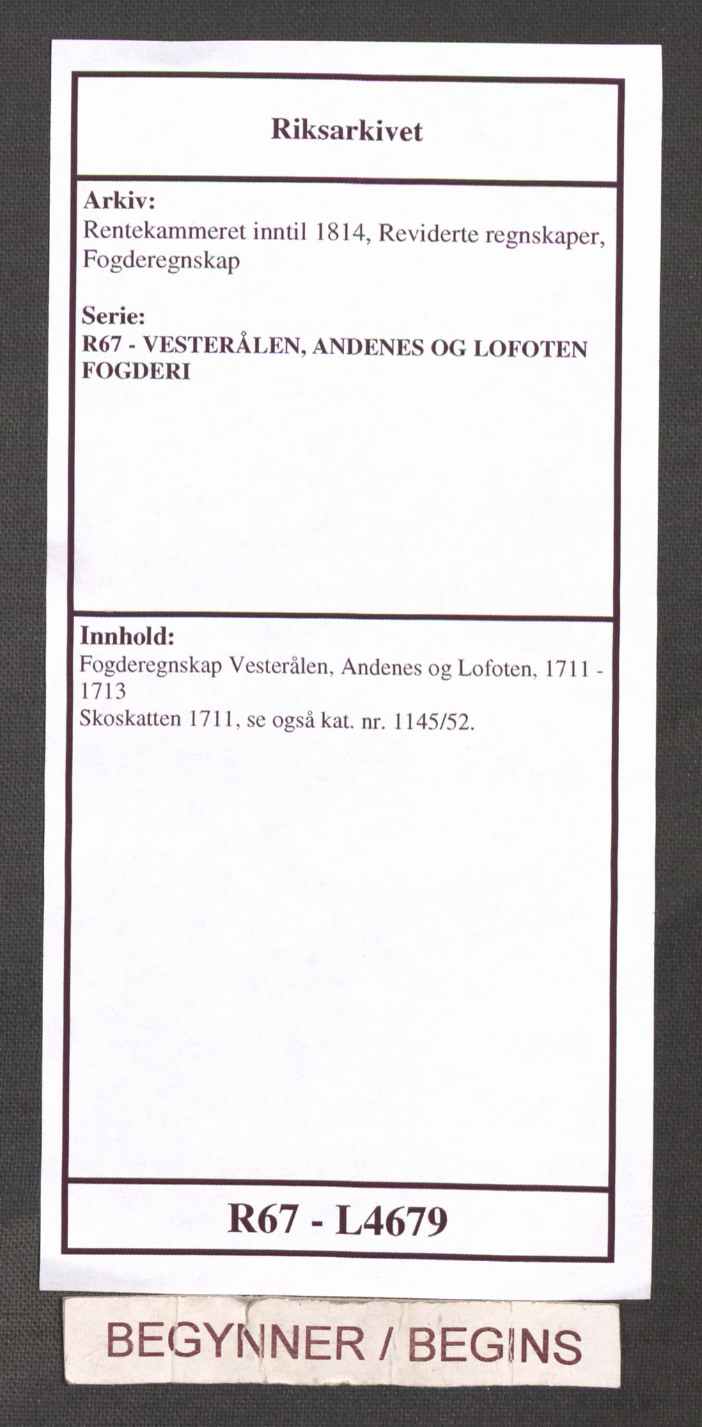 Rentekammeret inntil 1814, Reviderte regnskaper, Fogderegnskap, RA/EA-4092/R67/L4679: Fogderegnskap Vesterålen, Andenes og Lofoten, 1711-1713, s. 1