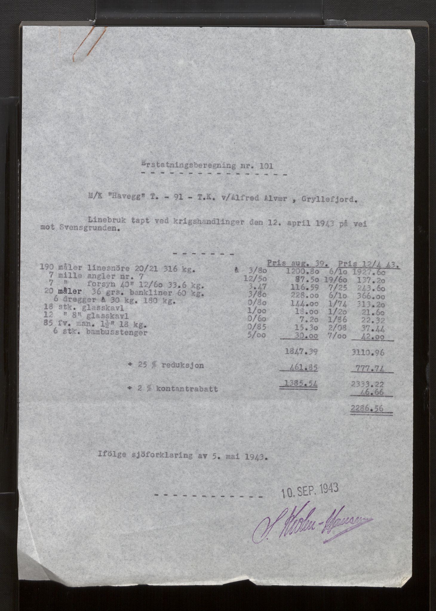 Fiskeridirektoratet - 1 Adm. ledelse - 13 Båtkontoret, AV/SAB-A-2003/La/L0042: Statens krigsforsikring for fiskeflåten, 1936-1971, s. 505
