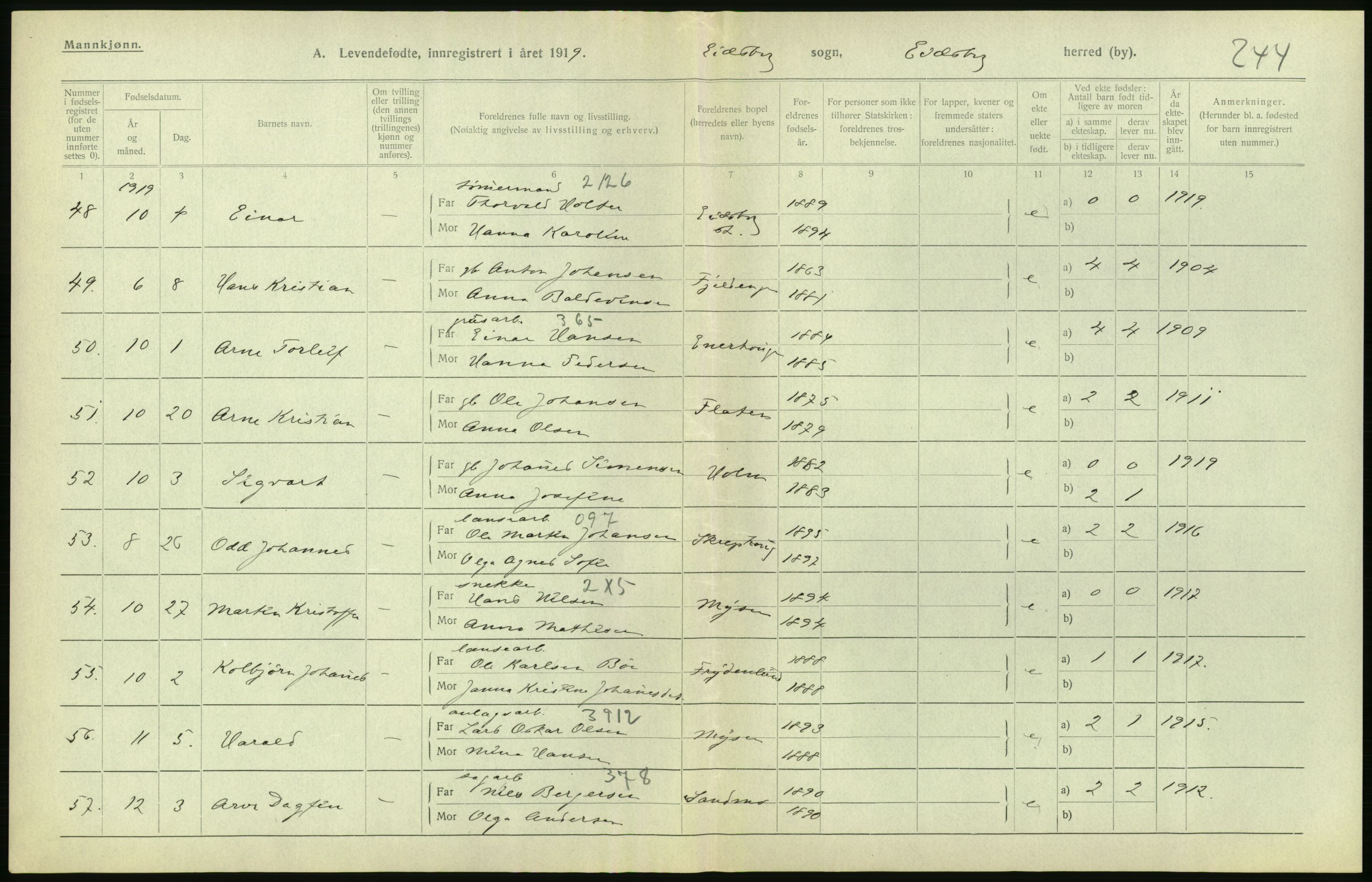 Statistisk sentralbyrå, Sosiodemografiske emner, Befolkning, RA/S-2228/D/Df/Dfb/Dfbi/L0001: Østfold fylke: Levendefødte menn og kvinner. Bygder., 1919, s. 558