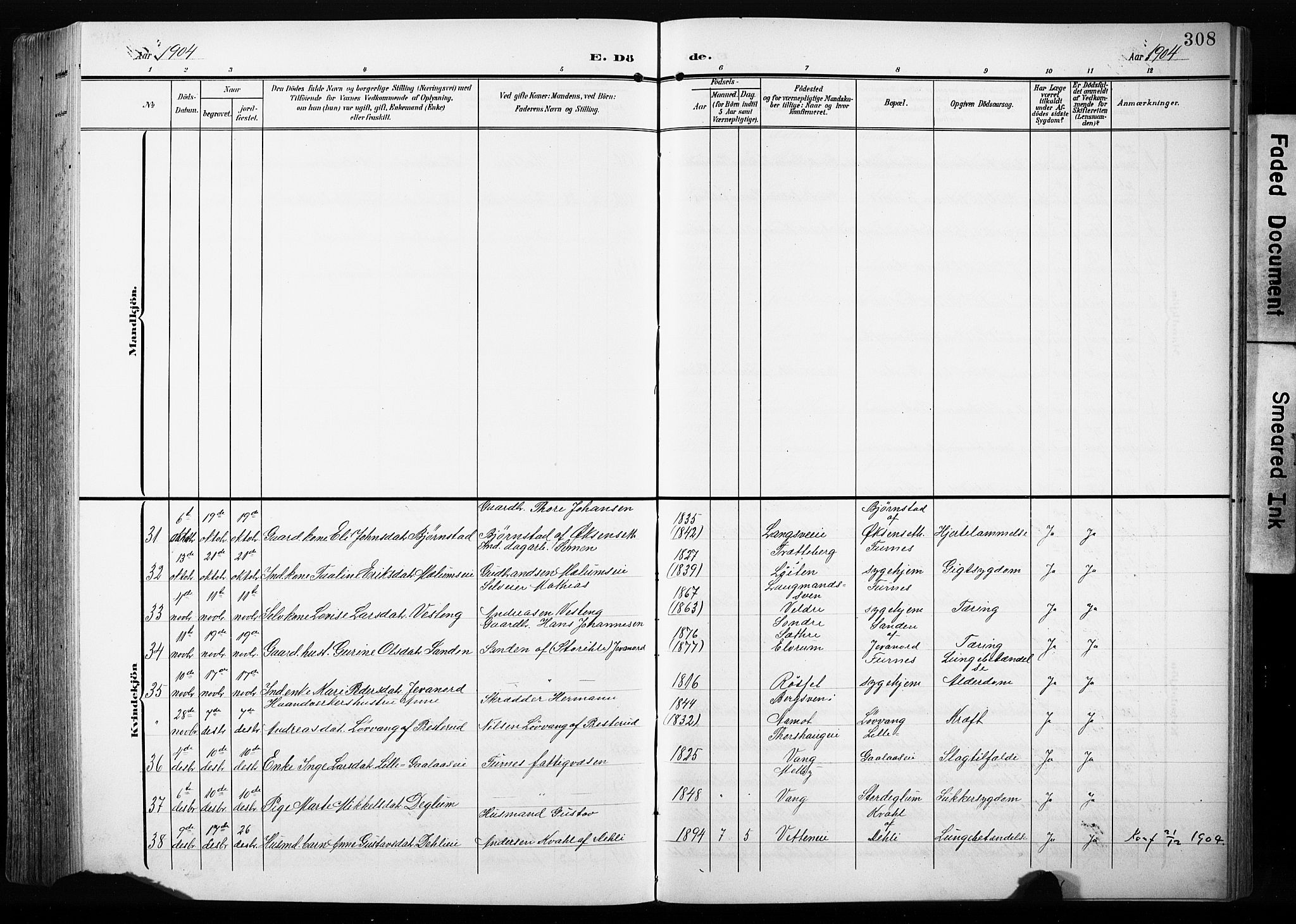 Furnes prestekontor, AV/SAH-PREST-012/L/La/L0001: Klokkerbok nr. 1, 1904-1933, s. 308