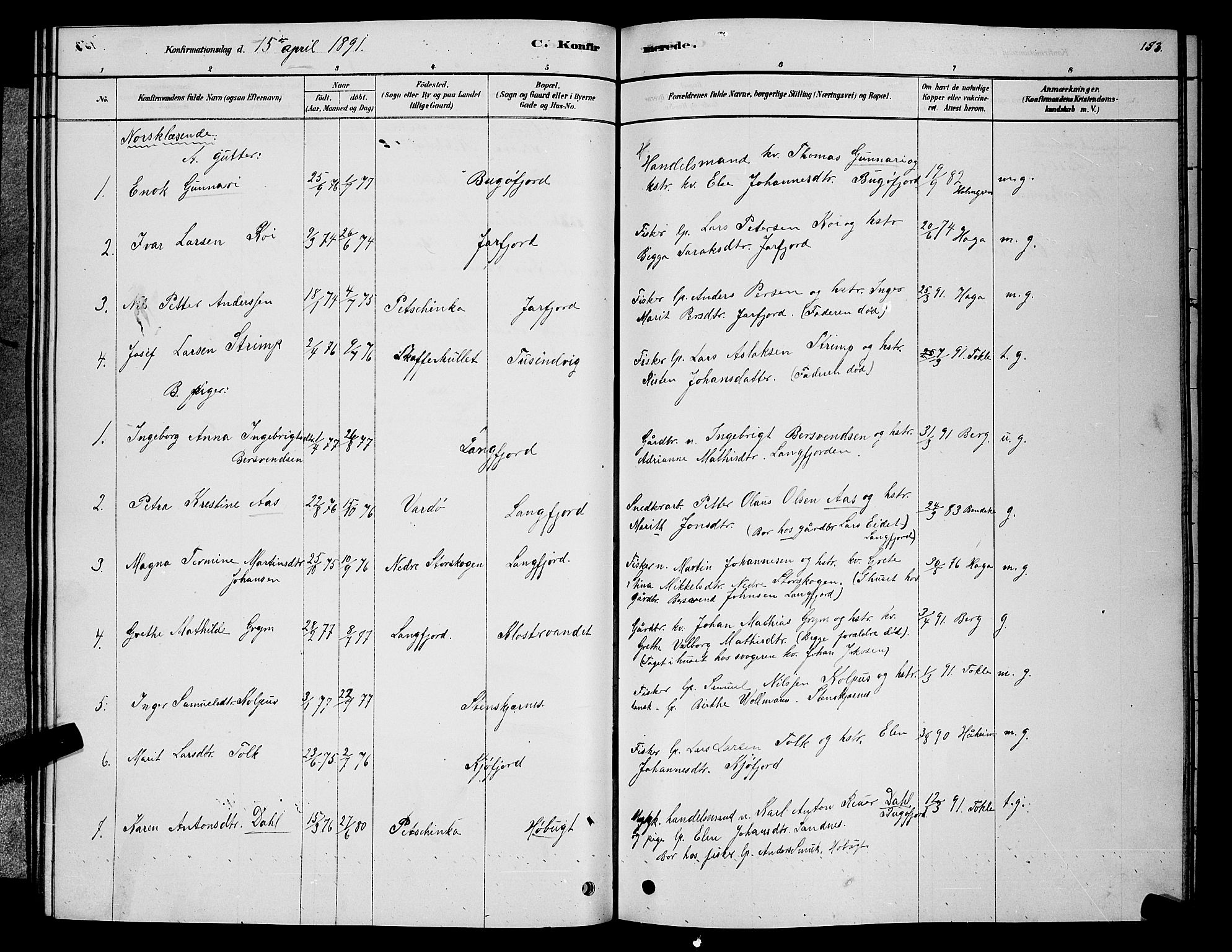 Sør-Varanger sokneprestkontor, AV/SATØ-S-1331/H/Hb/L0003klokker: Klokkerbok nr. 3, 1878-1891, s. 153