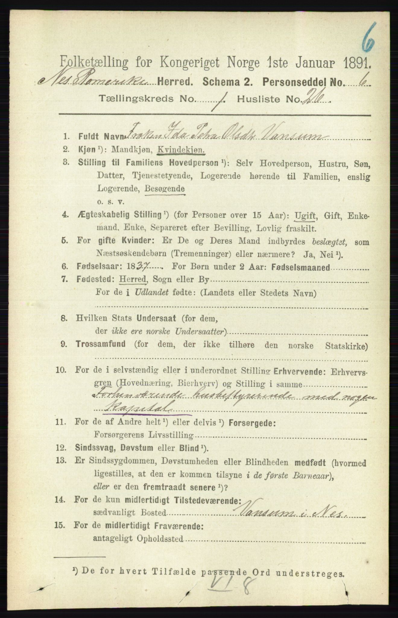 RA, Folketelling 1891 for 0236 Nes herred, 1891, s. 286