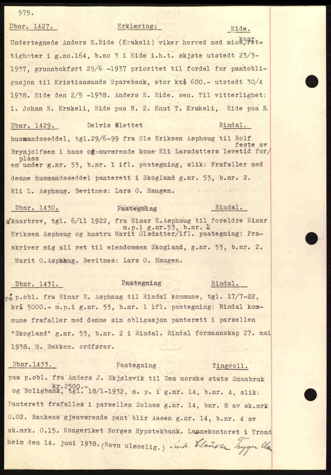 Nordmøre sorenskriveri, SAT/A-4132/1/2/2Ca: Pantebok nr. C80, 1936-1939, Dagboknr: 1427/1938