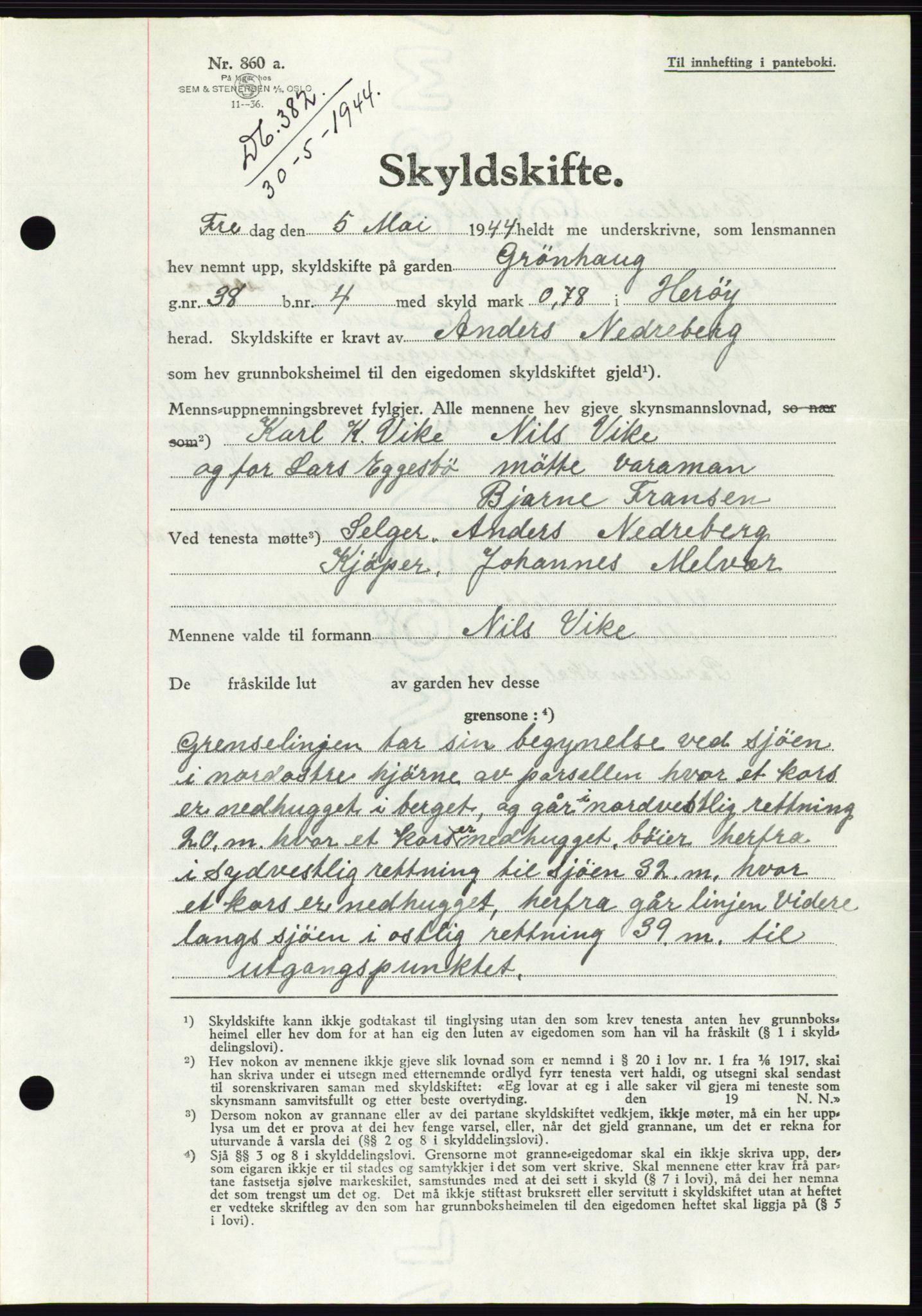 Søre Sunnmøre sorenskriveri, AV/SAT-A-4122/1/2/2C/L0076: Pantebok nr. 2A, 1943-1944, Dagboknr: 382/1944