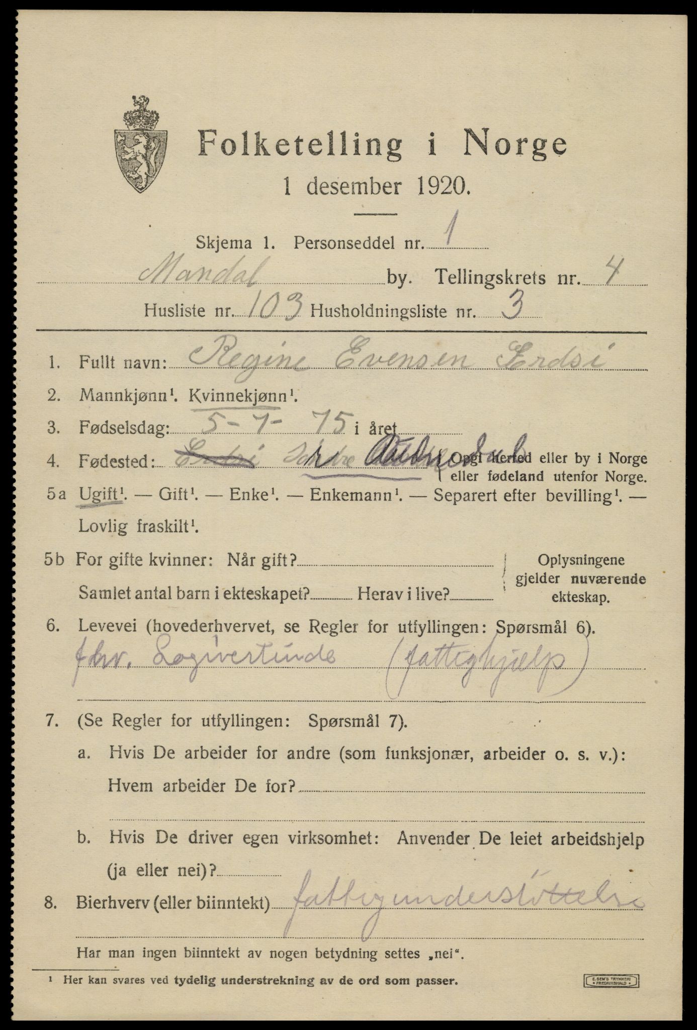 SAK, Folketelling 1920 for 1002 Mandal ladested, 1920, s. 8147