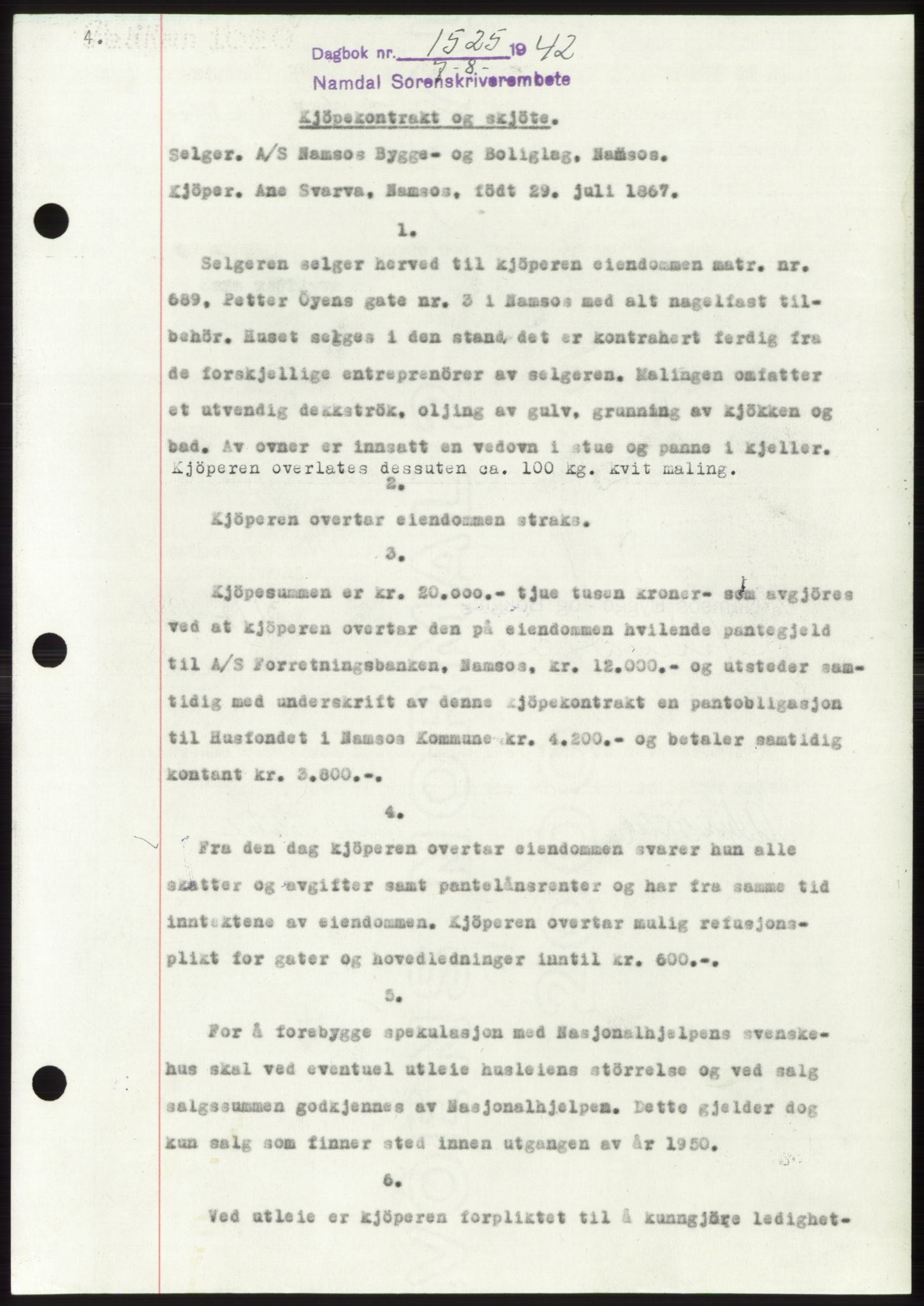 Namdal sorenskriveri, SAT/A-4133/1/2/2C: Pantebok nr. -, 1942-1943, Dagboknr: 1525/1942