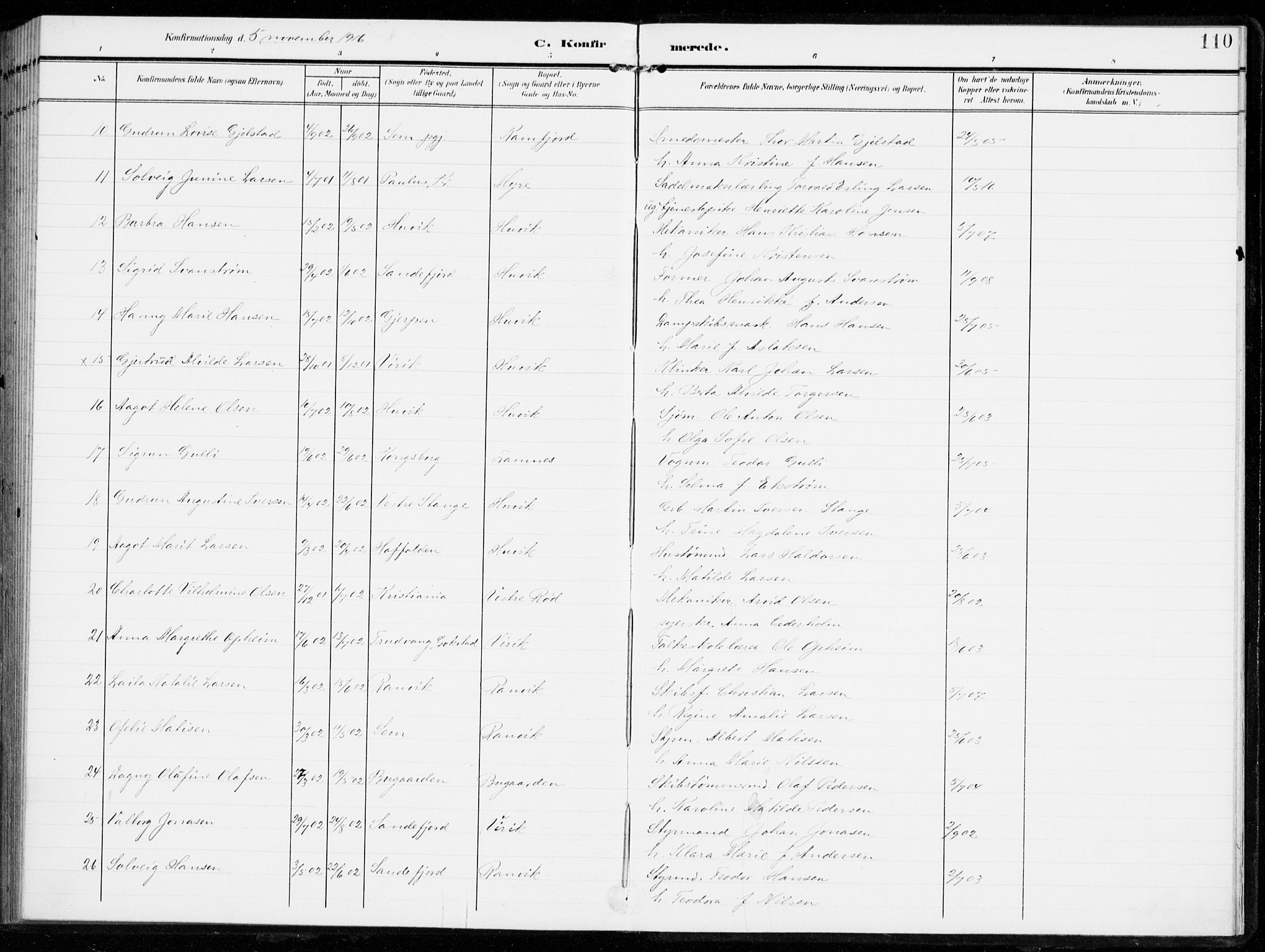 Sandar kirkebøker, AV/SAKO-A-243/F/Fa/L0017: Ministerialbok nr. 17, 1907-1917, s. 110