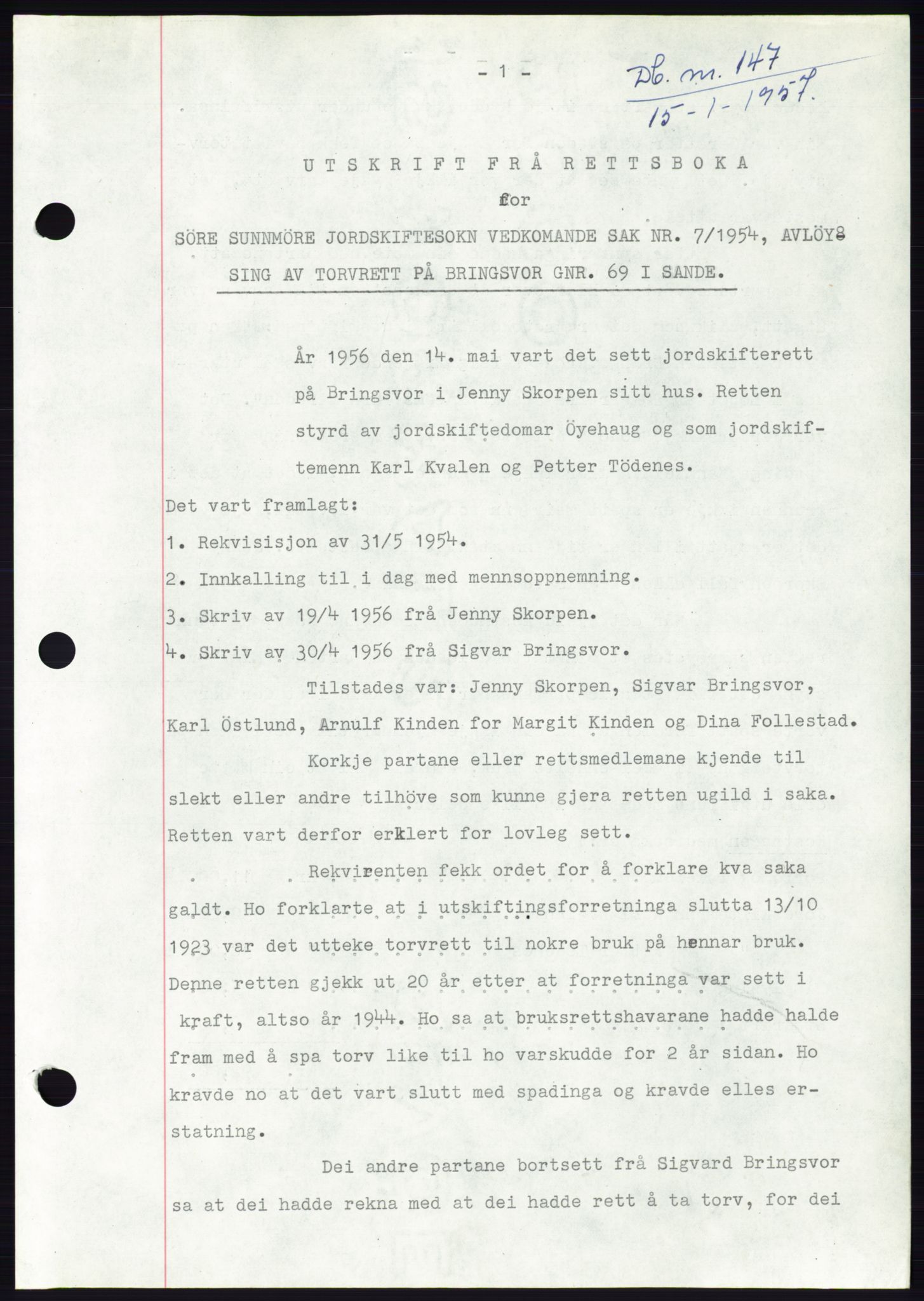 Søre Sunnmøre sorenskriveri, SAT/A-4122/1/2/2C/L0105: Pantebok nr. 31A, 1956-1957, Dagboknr: 147/1957