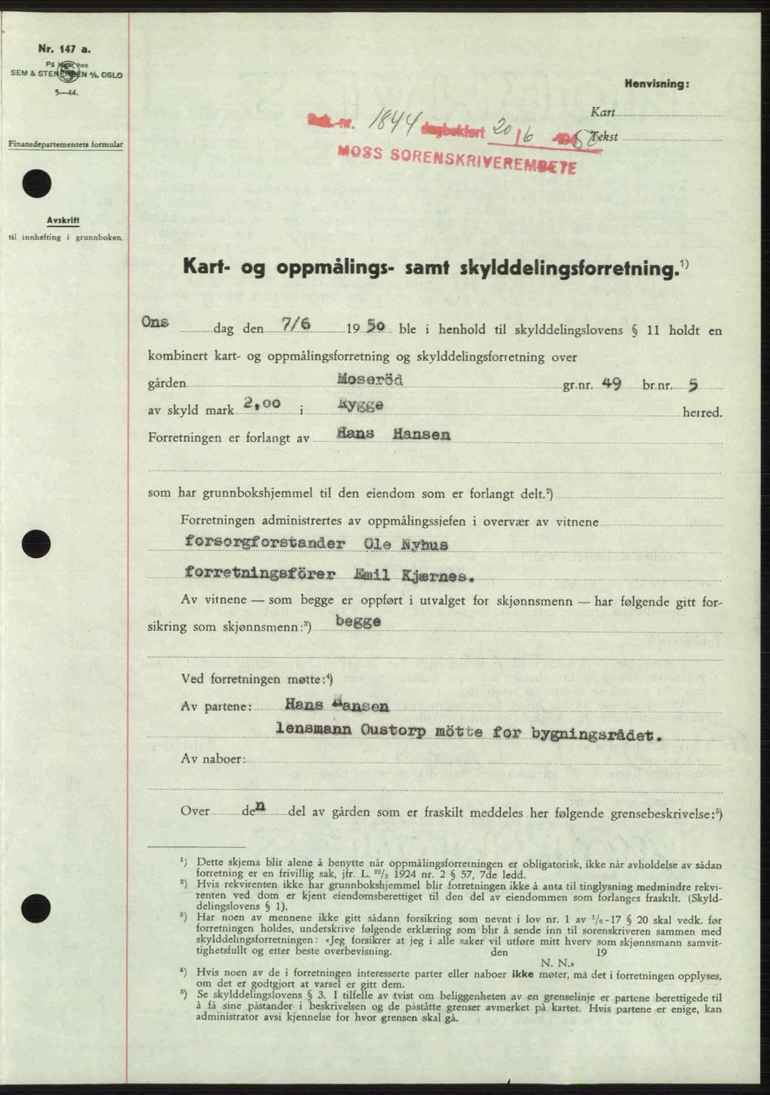 Moss sorenskriveri, SAO/A-10168: Pantebok nr. A26, 1950-1950, Dagboknr: 1844/1950