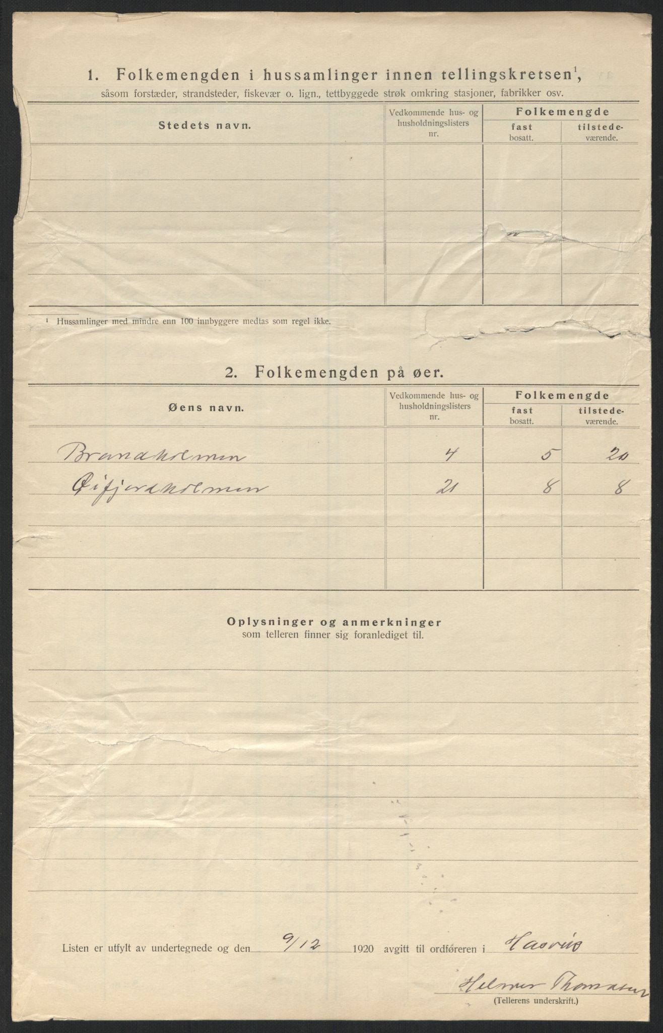 SATØ, Folketelling 1920 for 2015 Hasvik herred, 1920, s. 9