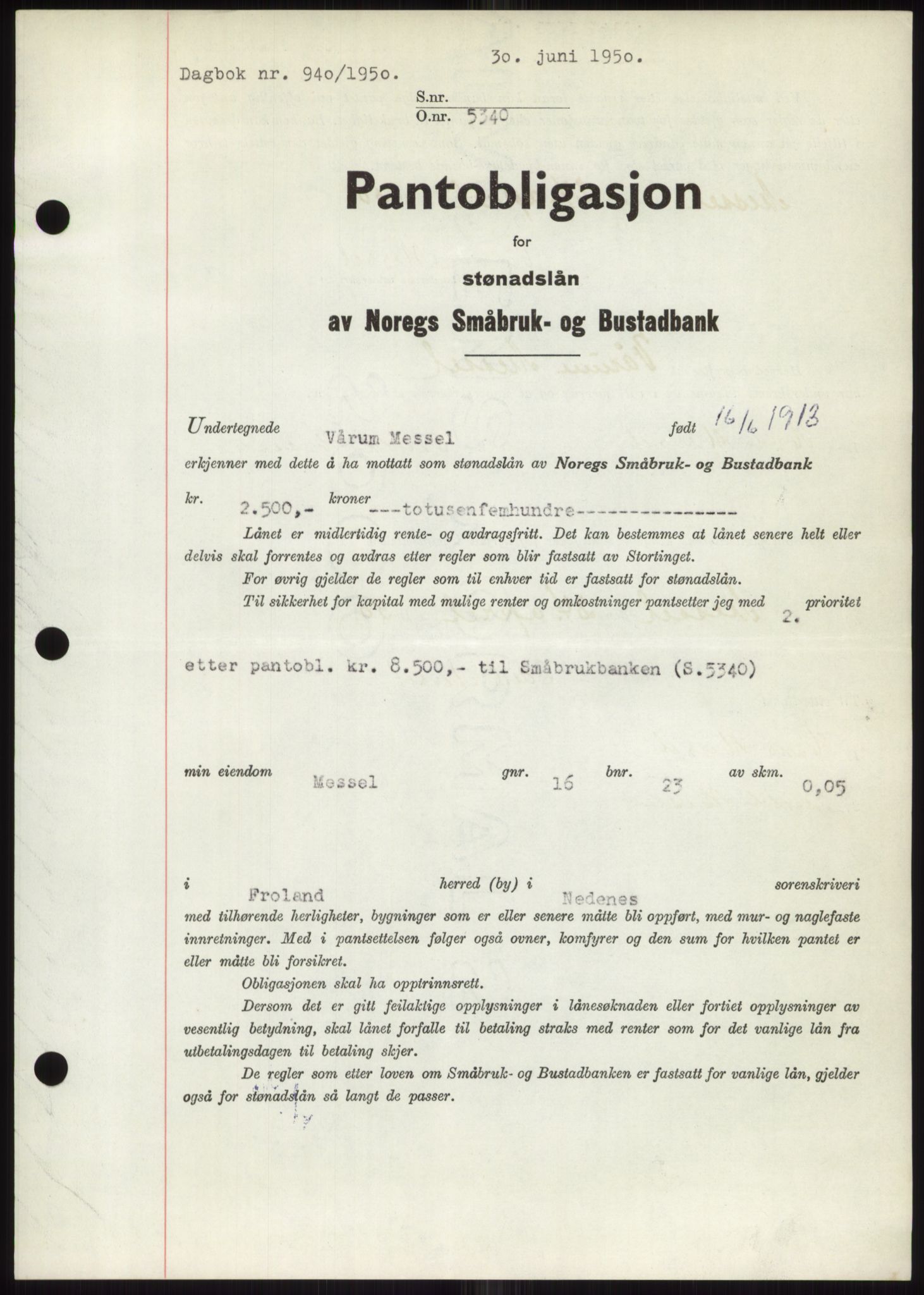 Nedenes sorenskriveri, AV/SAK-1221-0006/G/Gb/Gbb/L0007: Pantebok nr. B7, 1949-1950, Dagboknr: 940/1950