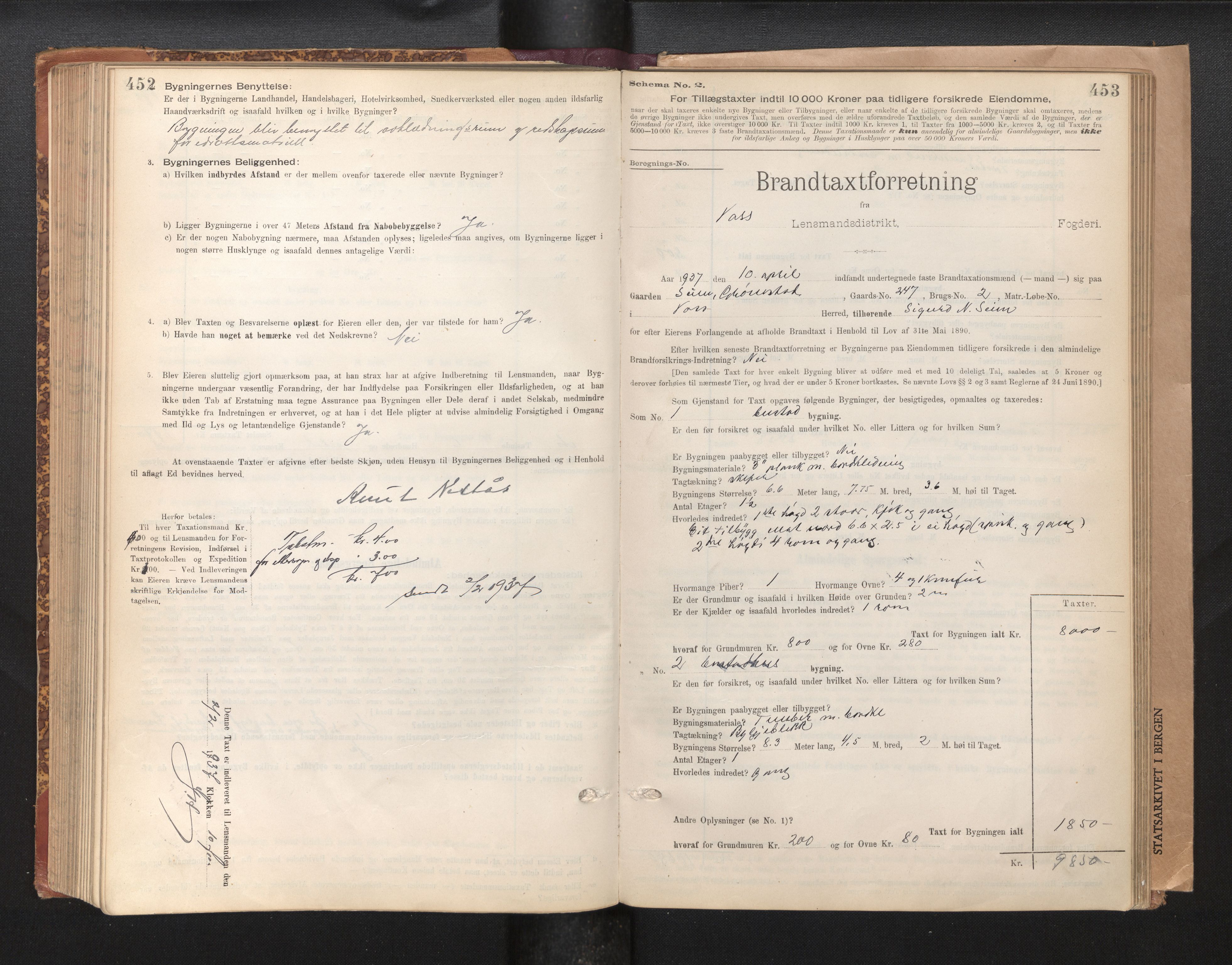 Lensmannen i Voss, SAB/A-35801/0012/L0008: Branntakstprotokoll, skjematakst, 1895-1945, s. 452-453