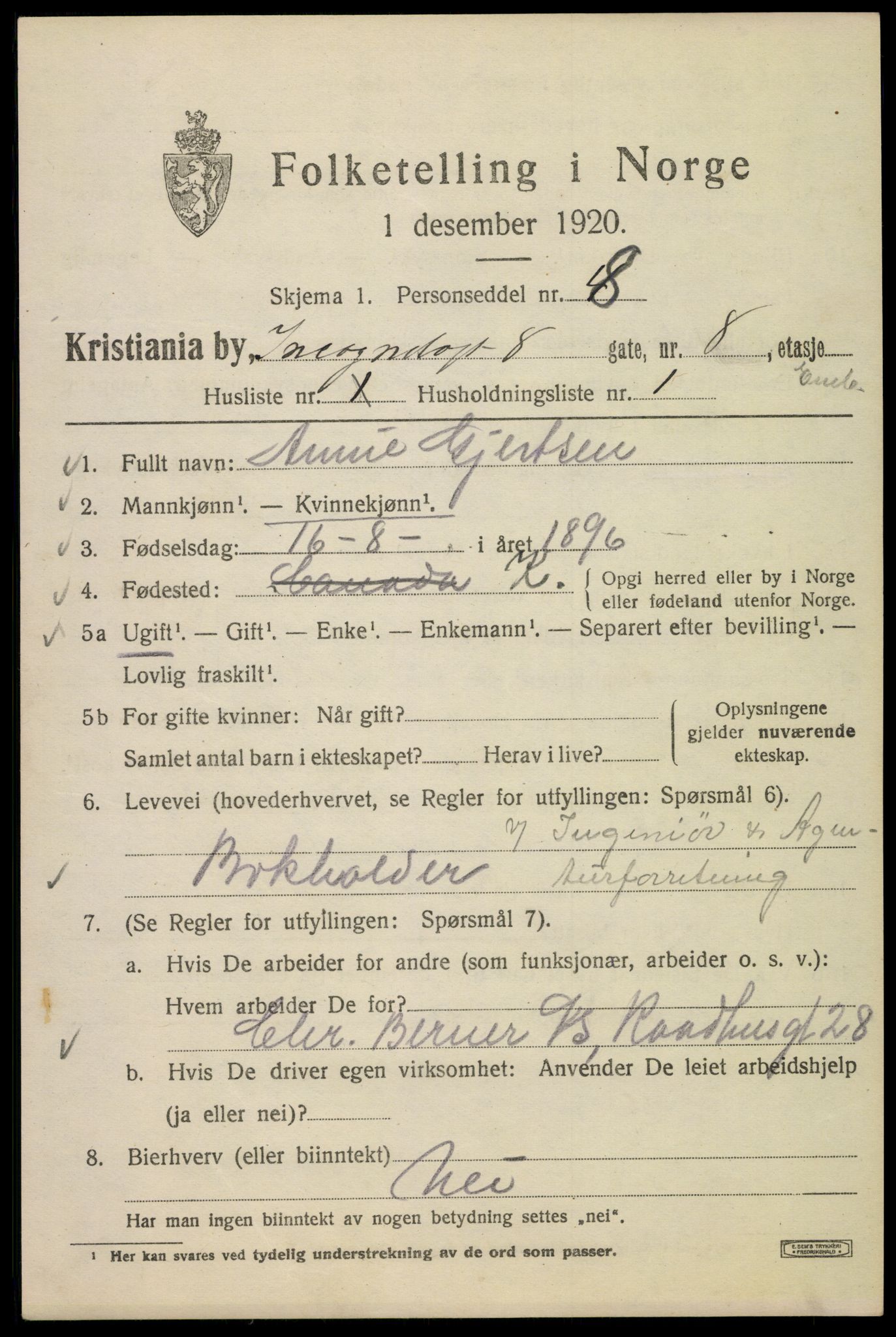 SAO, Folketelling 1920 for 0301 Kristiania kjøpstad, 1920, s. 310915