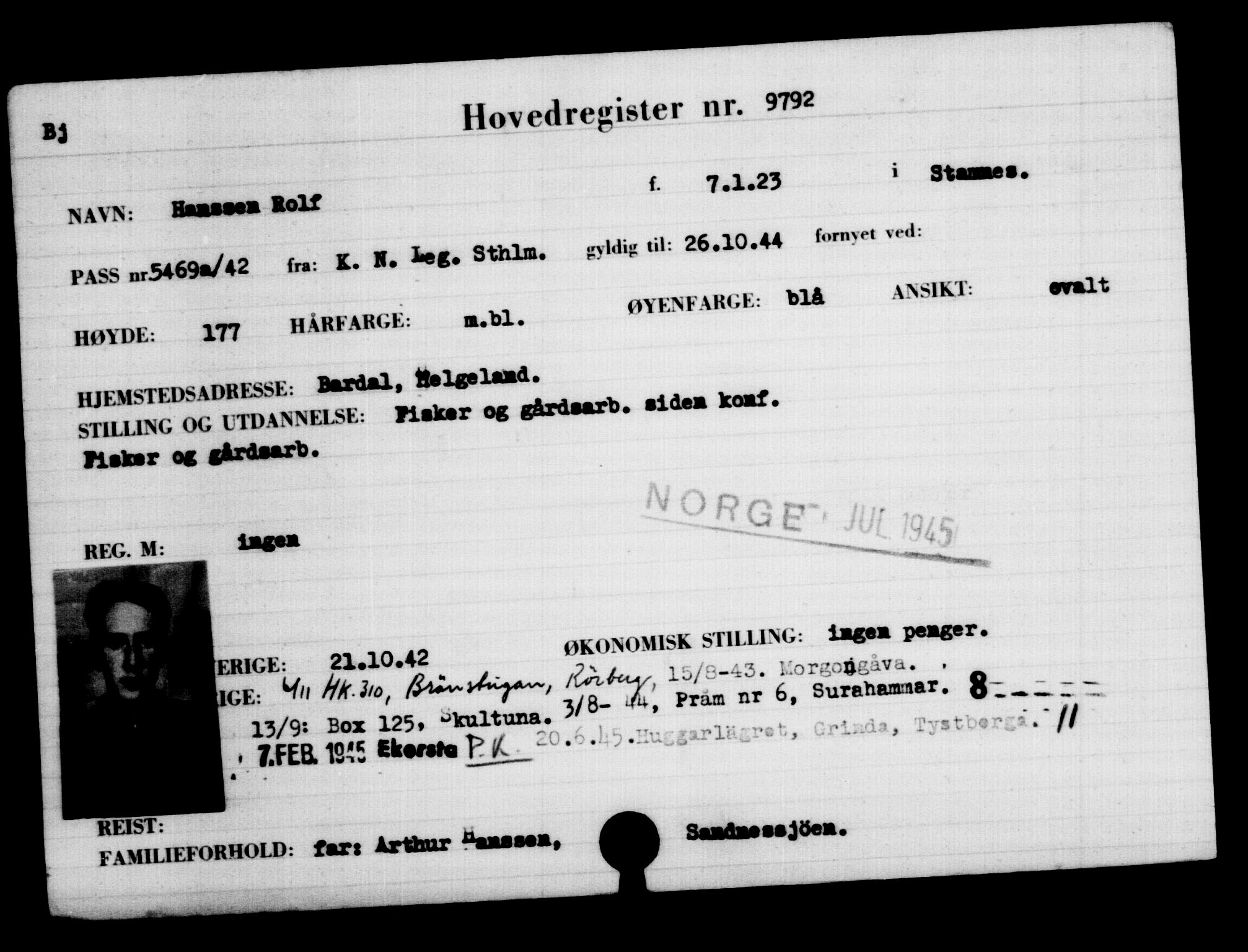 Utenriksstasjonene, Legasjonen i Stockholm, Flyktningkontoret, AV/RA-S-6753/V/Va/L0006: Kjesäterkartoteket, flyktninger med registreringsnr. 9400-12711, 1940-1945, s. 442