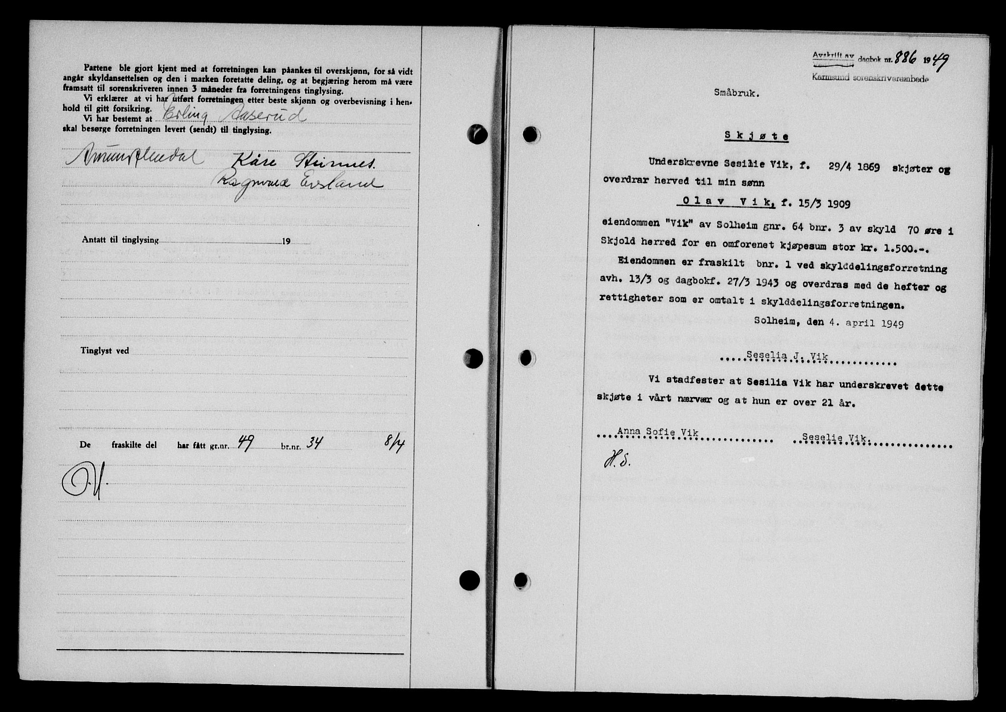 Karmsund sorenskriveri, SAST/A-100311/01/II/IIB/L0095: Pantebok nr. 75A, 1948-1949, Dagboknr: 886/1949