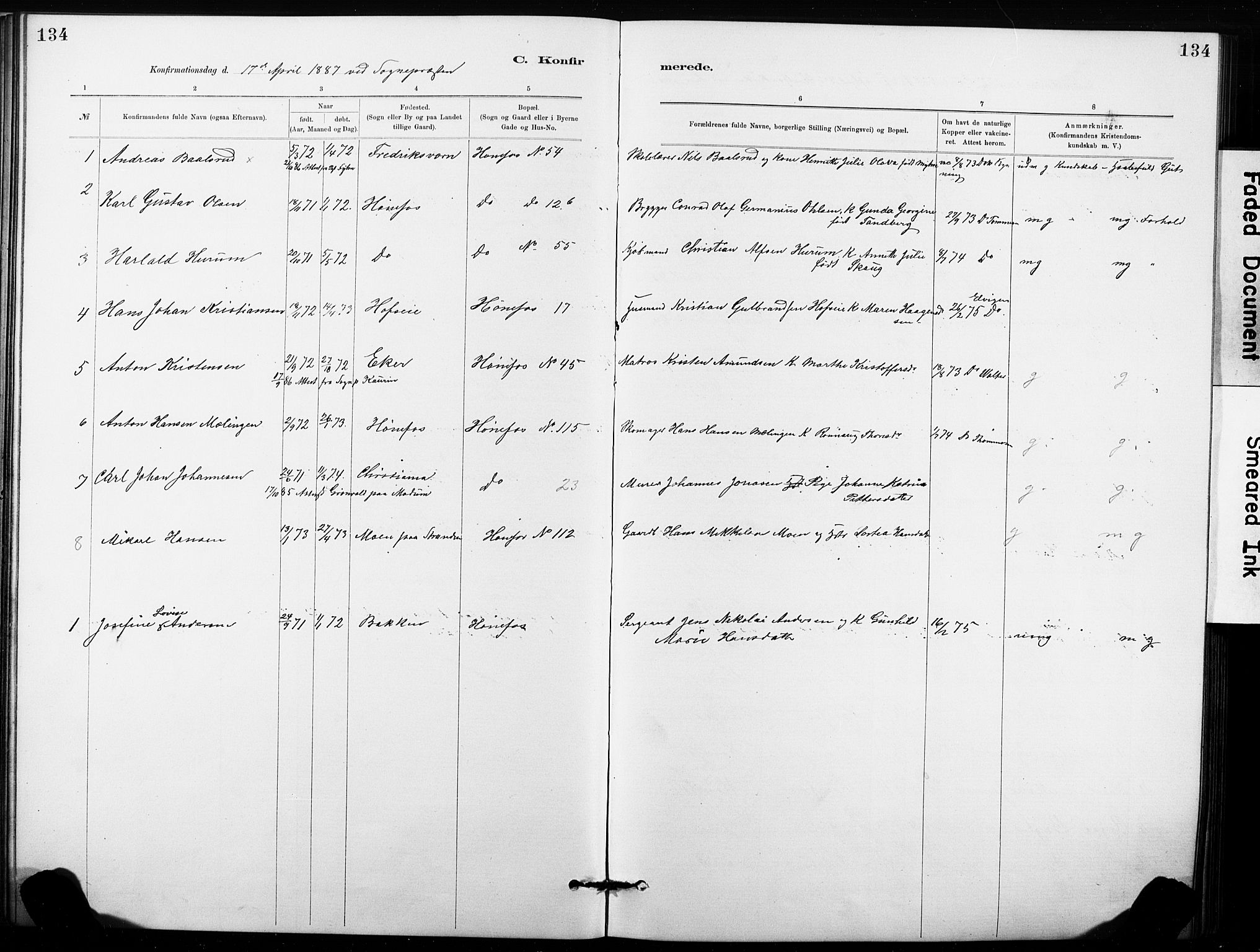 Hønefoss kirkebøker, AV/SAKO-A-609/G/Ga/L0001: Klokkerbok nr. 1, 1870-1887, s. 134