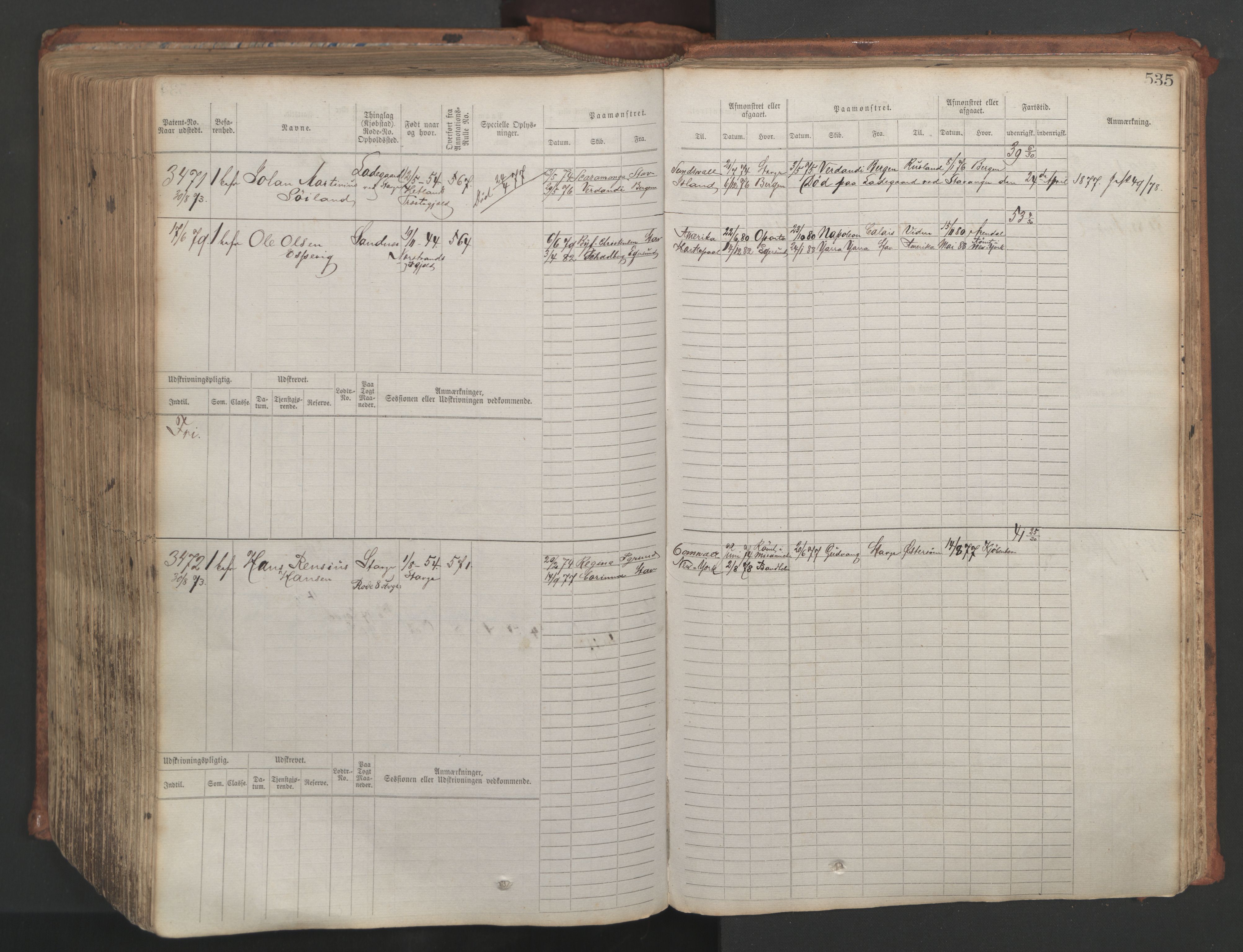 Stavanger sjømannskontor, AV/SAST-A-102006/F/Fb/Fbb/L0007: Sjøfartshovedrulle, patentnr. 2403-3604, 1869-1880, s. 592