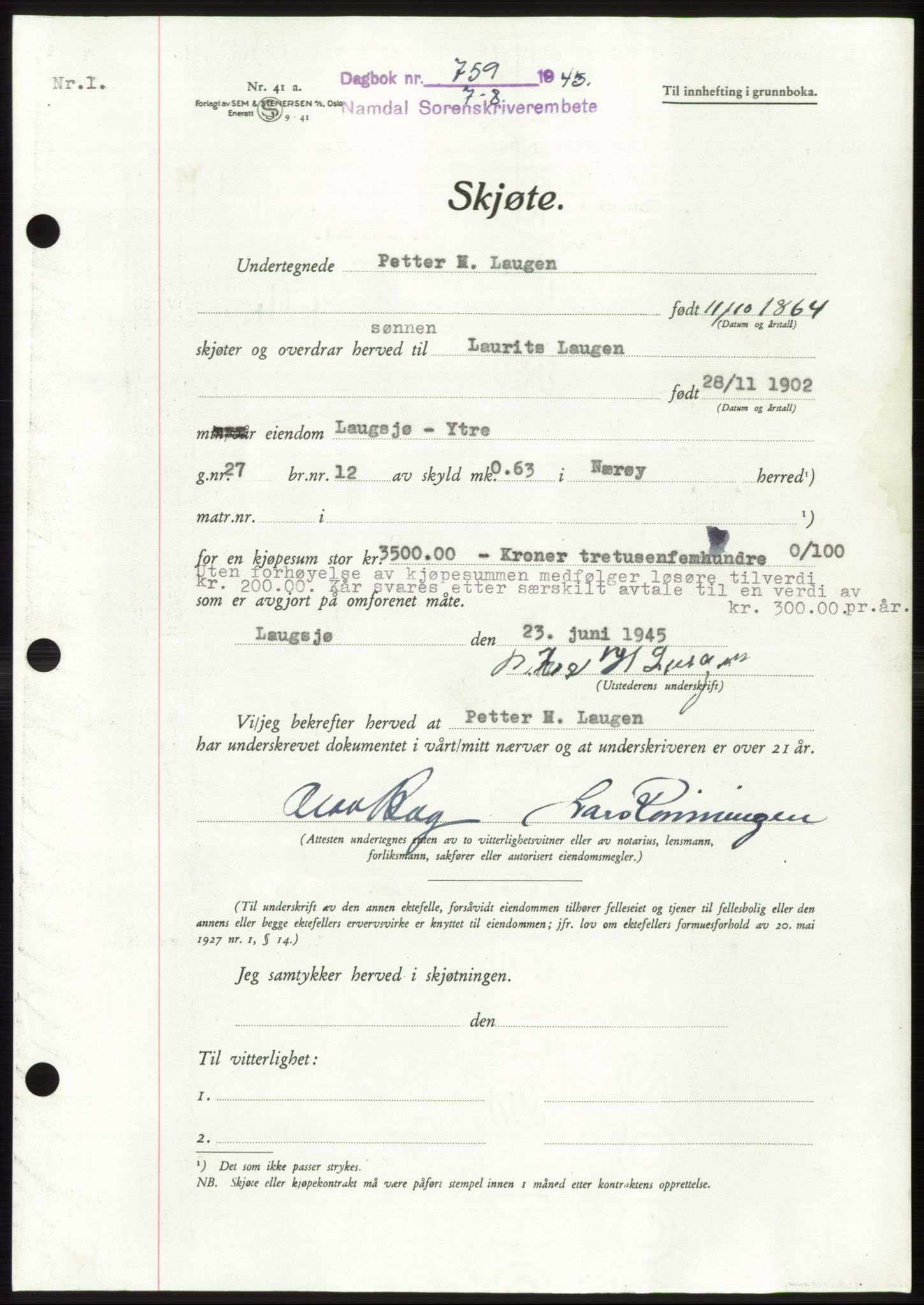 Namdal sorenskriveri, SAT/A-4133/1/2/2C: Pantebok nr. -, 1944-1945, Dagboknr: 759/1945