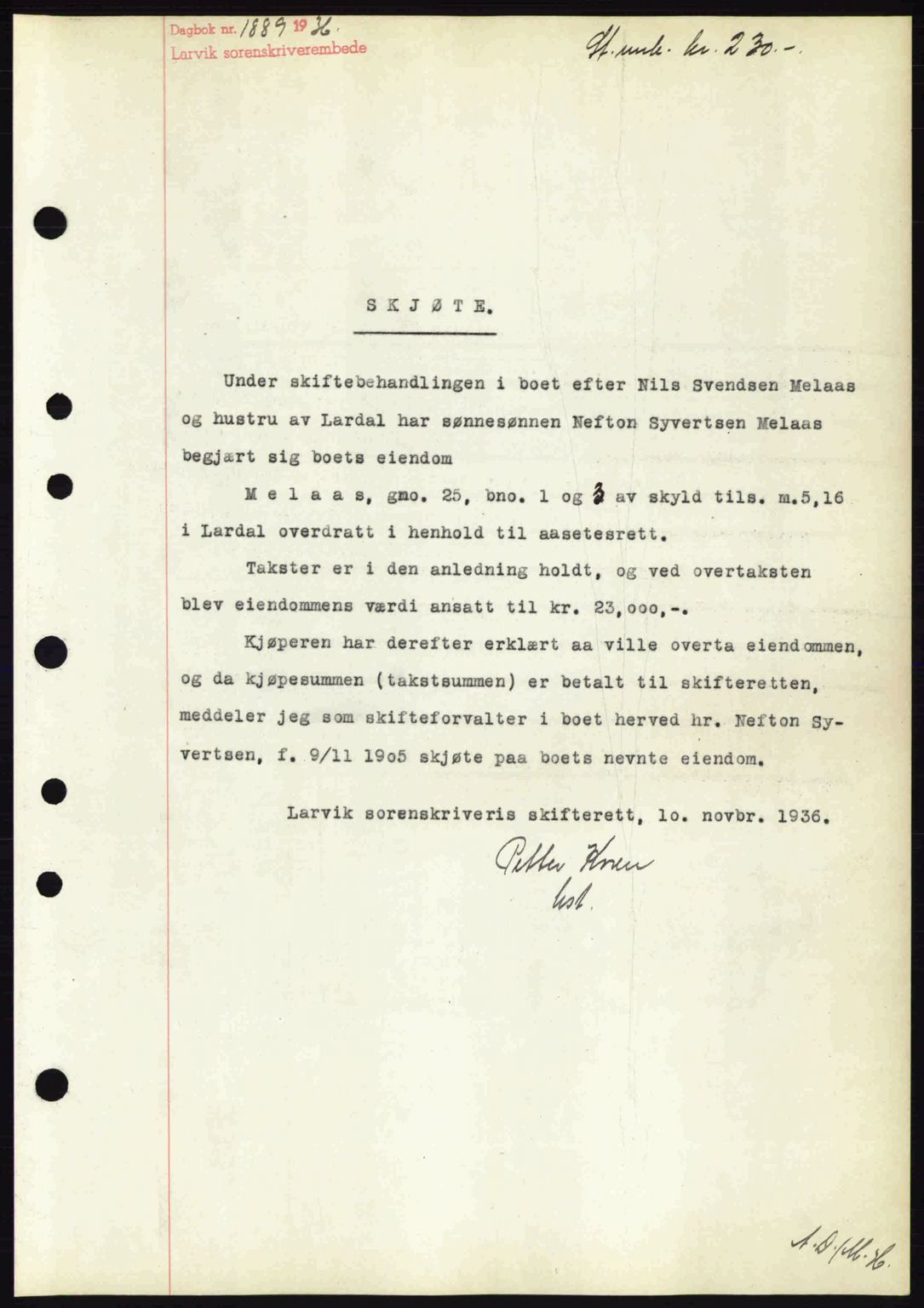Larvik sorenskriveri, SAKO/A-83/G/Ga/Gab/L0067: Pantebok nr. A-1, 1936-1937, Dagboknr: 1889/1936
