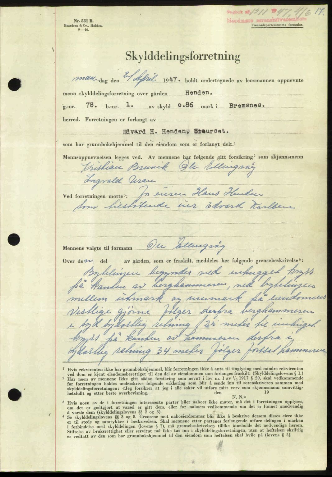 Nordmøre sorenskriveri, AV/SAT-A-4132/1/2/2Ca: Pantebok nr. A105, 1947-1947, Dagboknr: 1211/1947