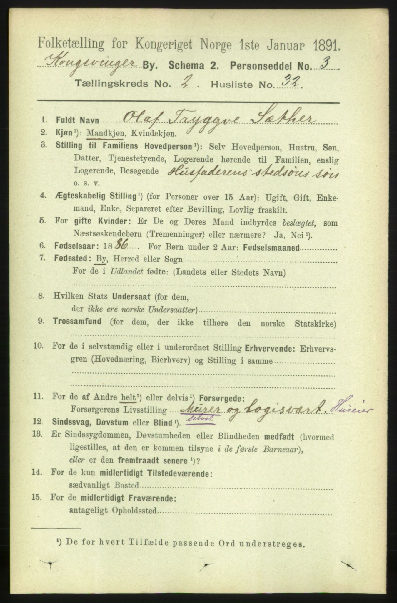 RA, Folketelling 1891 for 0402 Kongsvinger kjøpstad, 1891, s. 1100