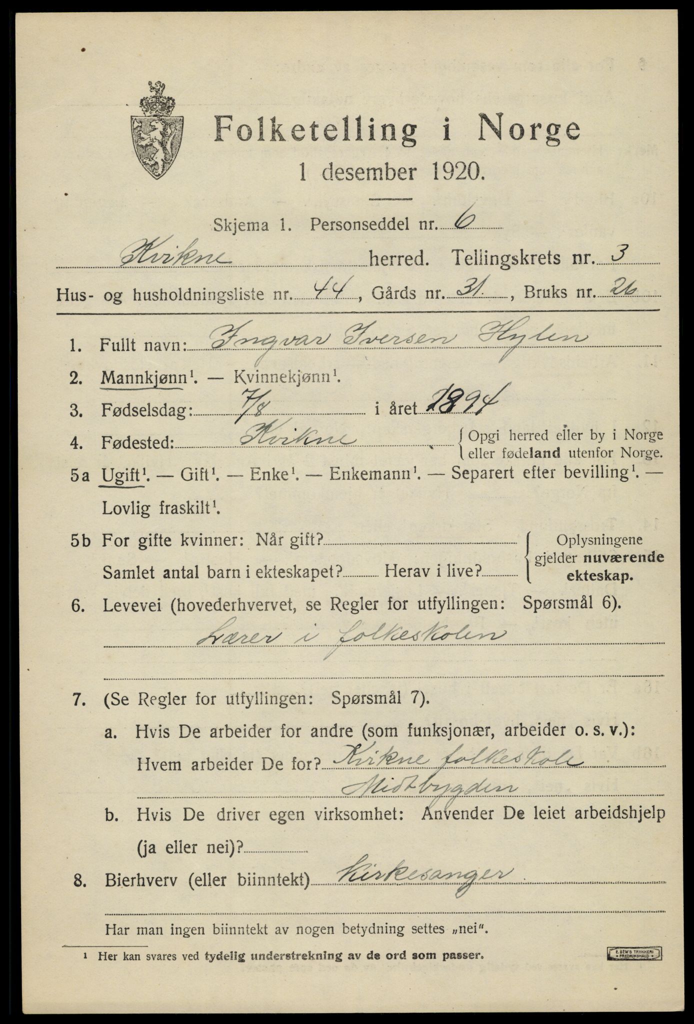 SAH, Folketelling 1920 for 0440 Kvikne herred, 1920, s. 1612