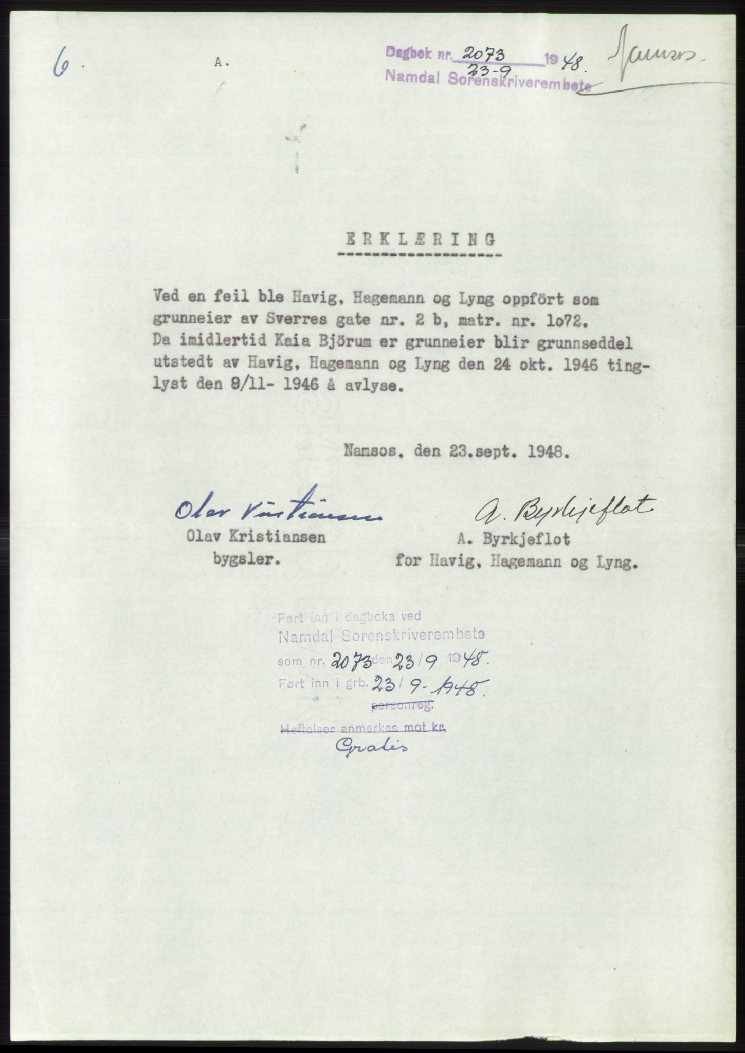 Namdal sorenskriveri, SAT/A-4133/1/2/2C: Pantebok nr. -, 1948-1948, Dagboknr: 2073/1948