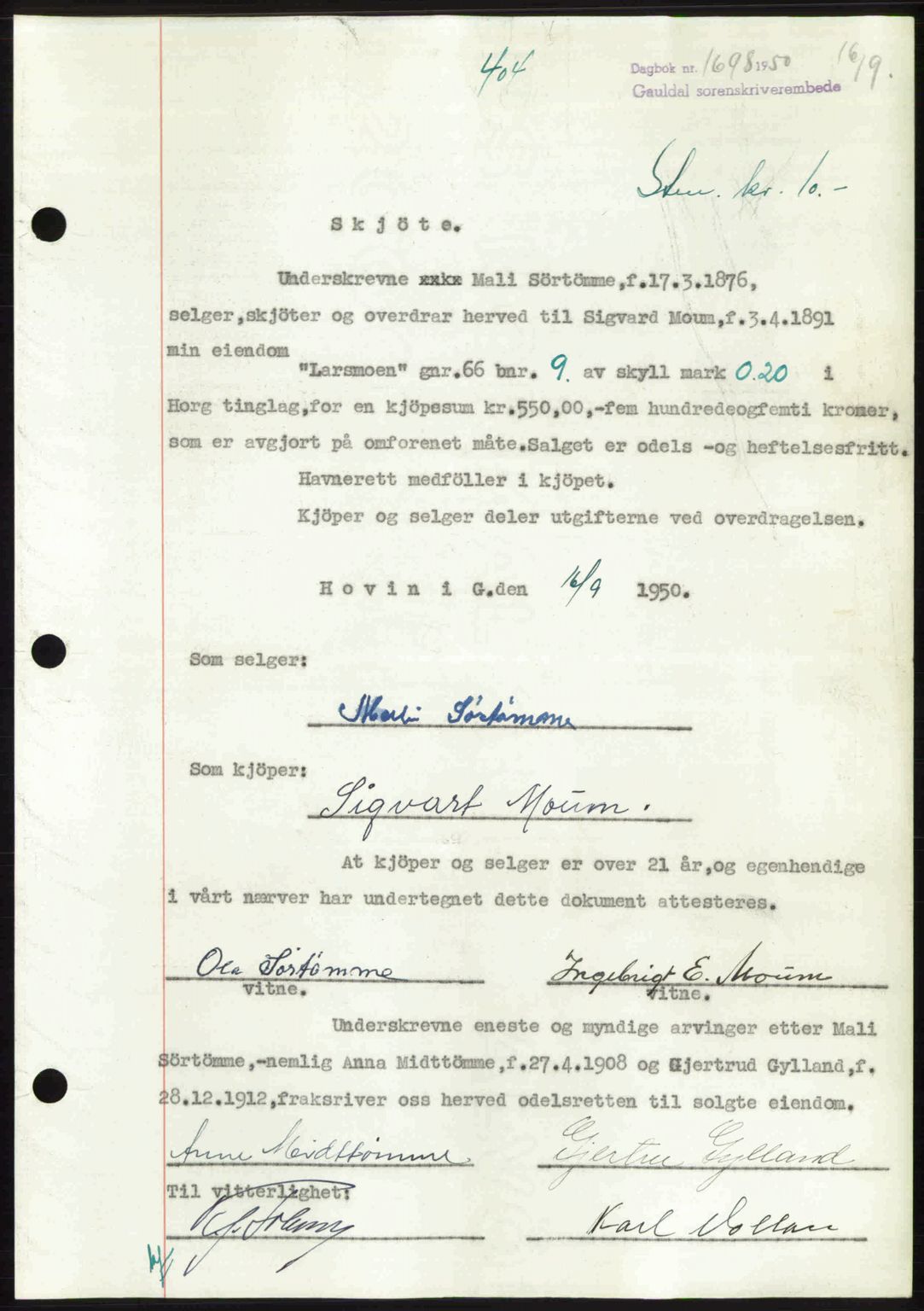 Gauldal sorenskriveri, SAT/A-0014/1/2/2C: Pantebok nr. A11, 1950-1950, Dagboknr: 1698/1950