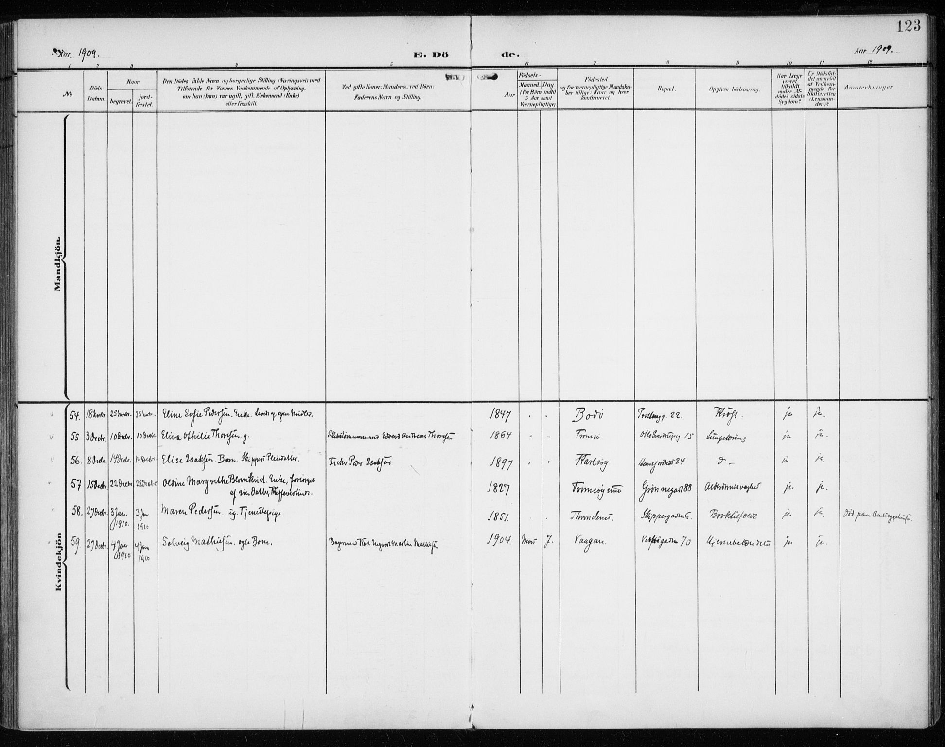 Tromsø sokneprestkontor/stiftsprosti/domprosti, AV/SATØ-S-1343/G/Ga/L0018kirke: Ministerialbok nr. 18, 1907-1917, s. 123