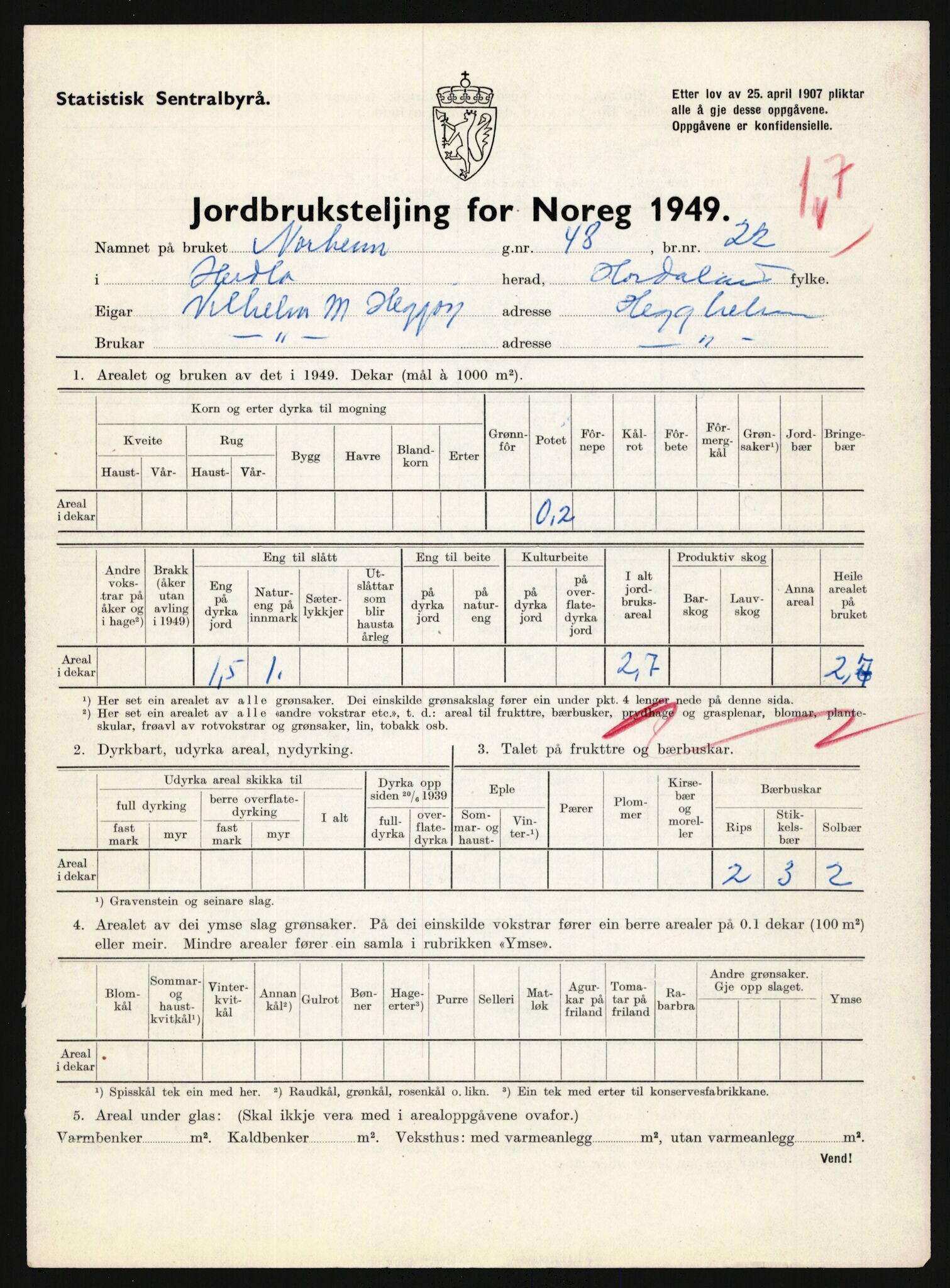 Statistisk sentralbyrå, Næringsøkonomiske emner, Jordbruk, skogbruk, jakt, fiske og fangst, AV/RA-S-2234/G/Gc/L0276: Hordaland: Herdla og Hjelme, 1949, s. 214