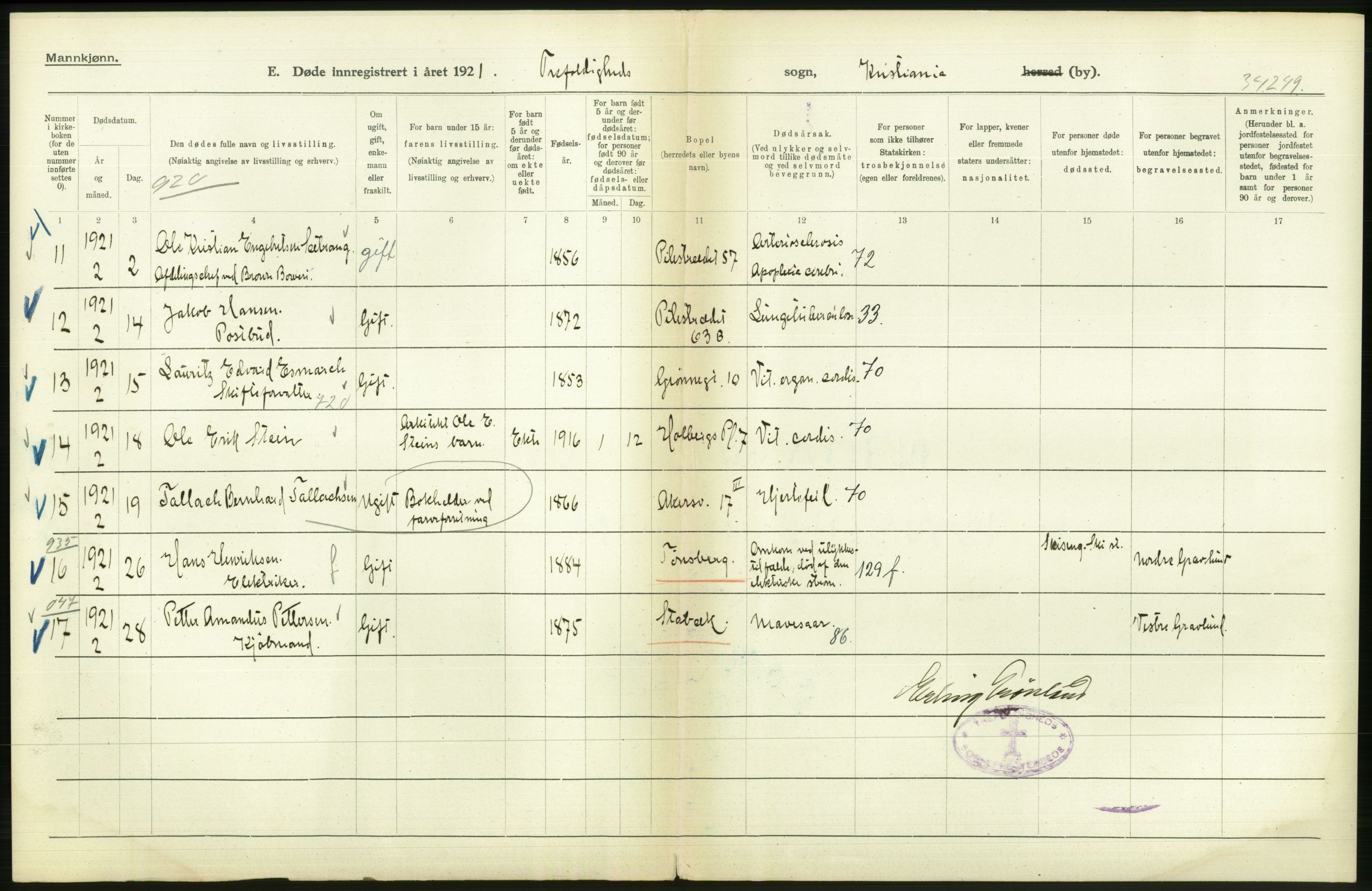 Statistisk sentralbyrå, Sosiodemografiske emner, Befolkning, AV/RA-S-2228/D/Df/Dfc/Dfca/L0012: Kristiania: Døde, 1921, s. 472