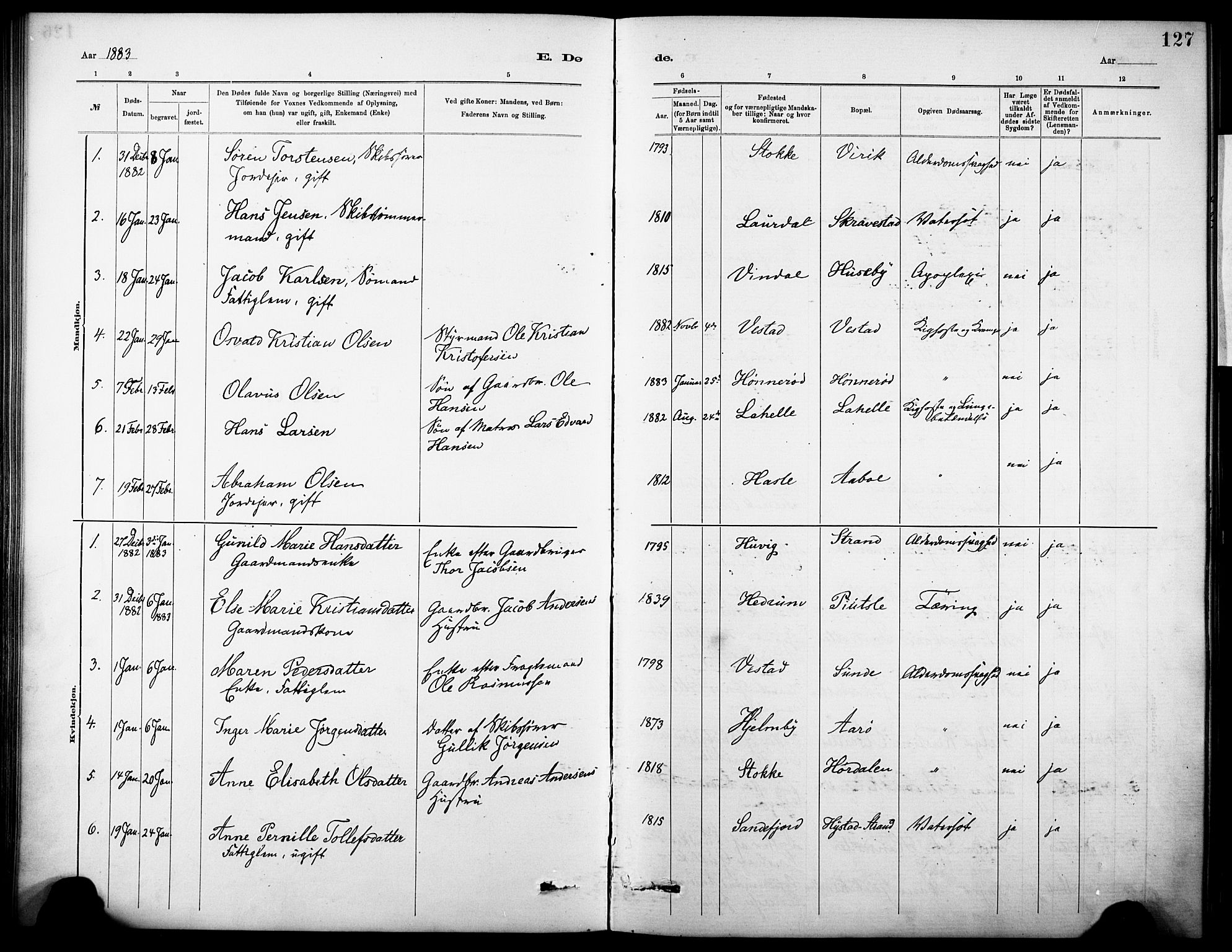 Sandar kirkebøker, AV/SAKO-A-243/F/Fa/L0013: Ministerialbok nr. 13, 1883-1895, s. 127