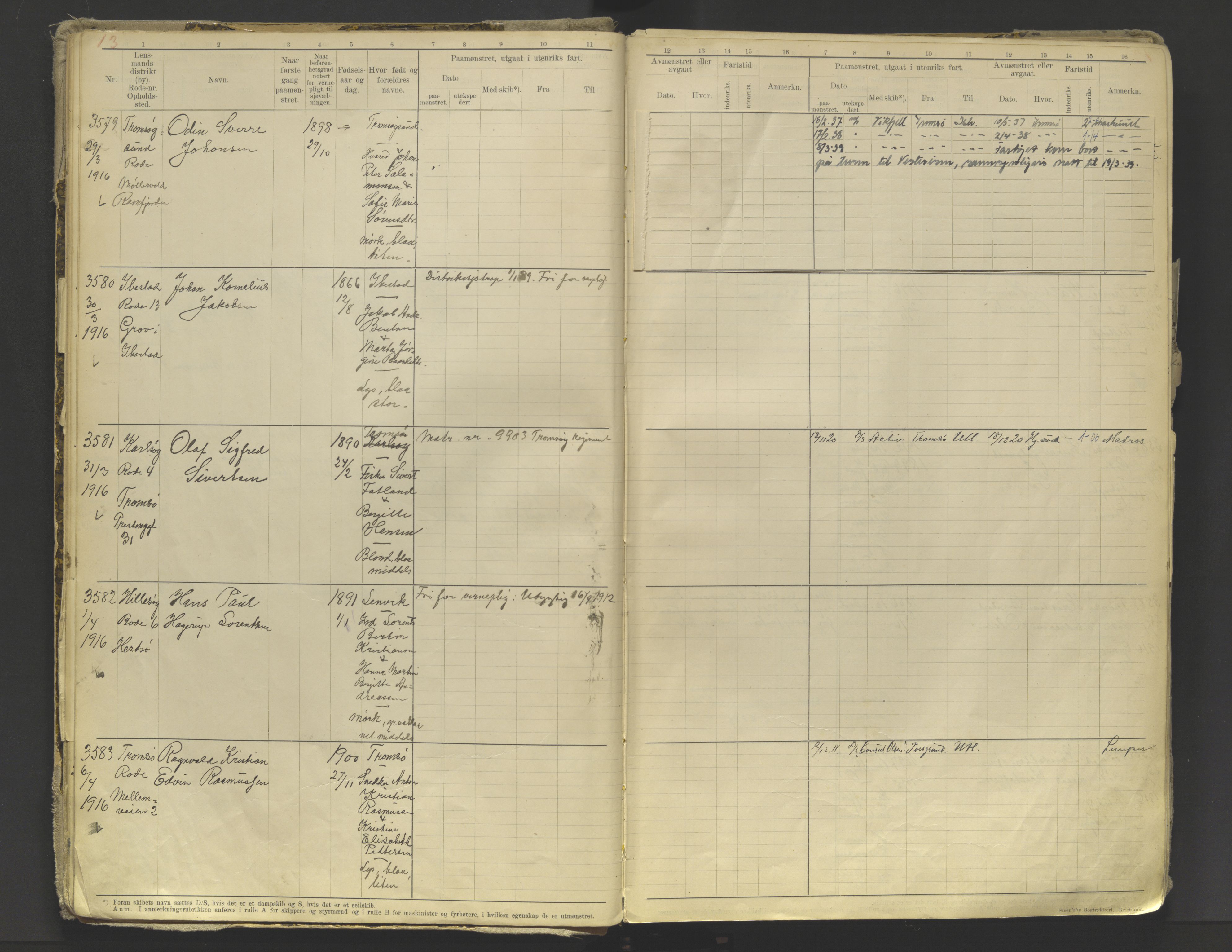 Tromsø sjømannskontor/innrullerings-/mønstringsdistrikt, AV/SATØ-S-0243/F/Fb/L0010: Annotasjonsrulle. Defekt: løs innbinding. Nr. 3519-4972, 1916-1920