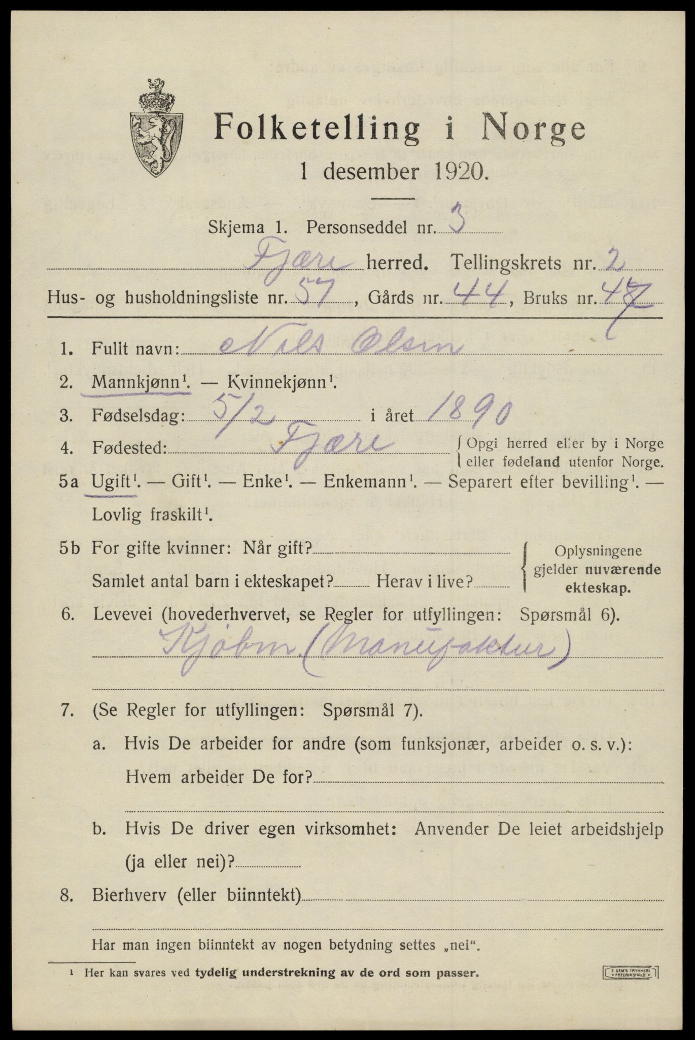 SAK, Folketelling 1920 for 0923 Fjære herred, 1920, s. 3891