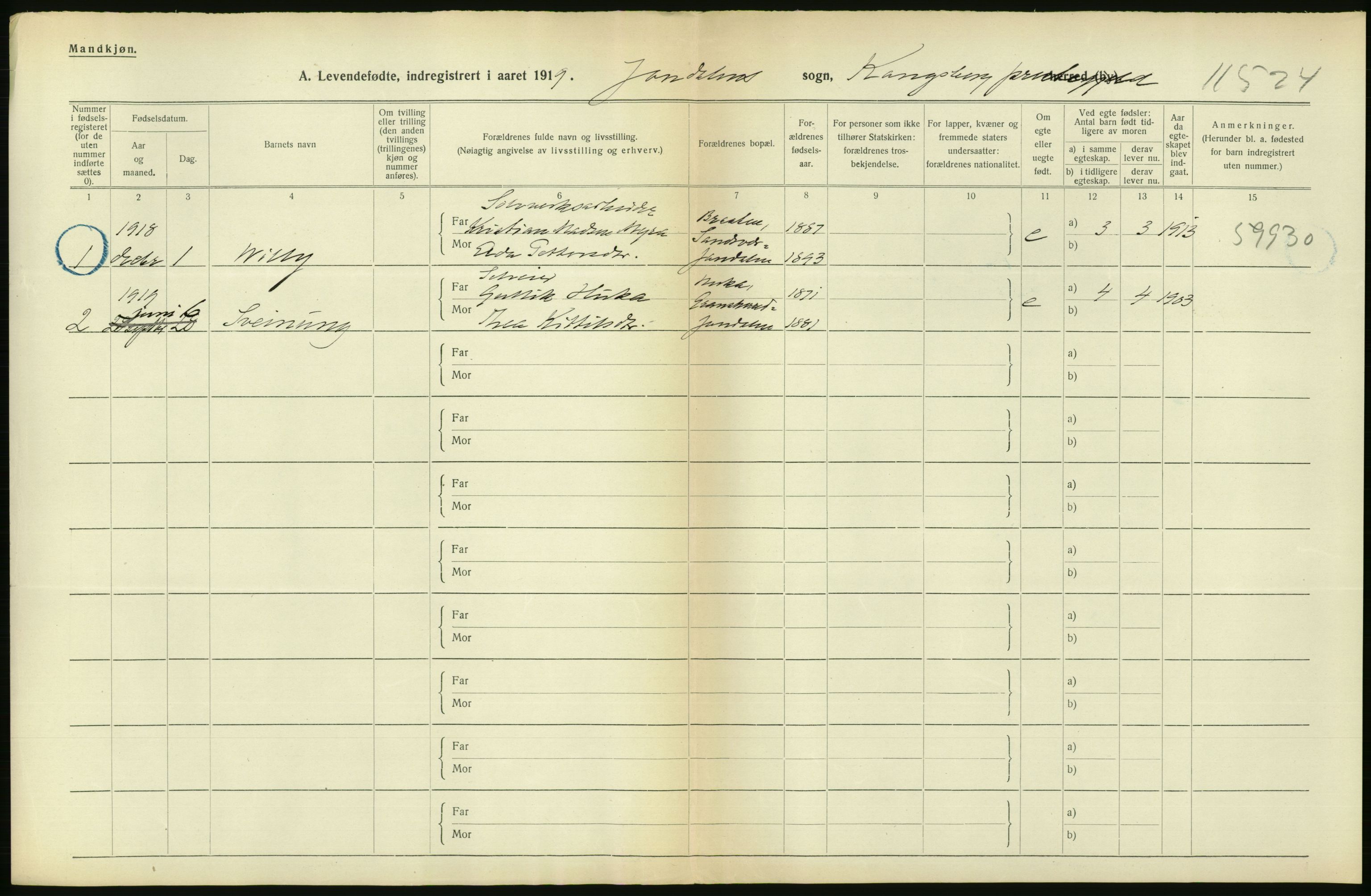 Statistisk sentralbyrå, Sosiodemografiske emner, Befolkning, RA/S-2228/D/Df/Dfb/Dfbi/L0016: Buskerud fylke: Levendefødte menn og kvinner. Bygder., 1919, s. 280