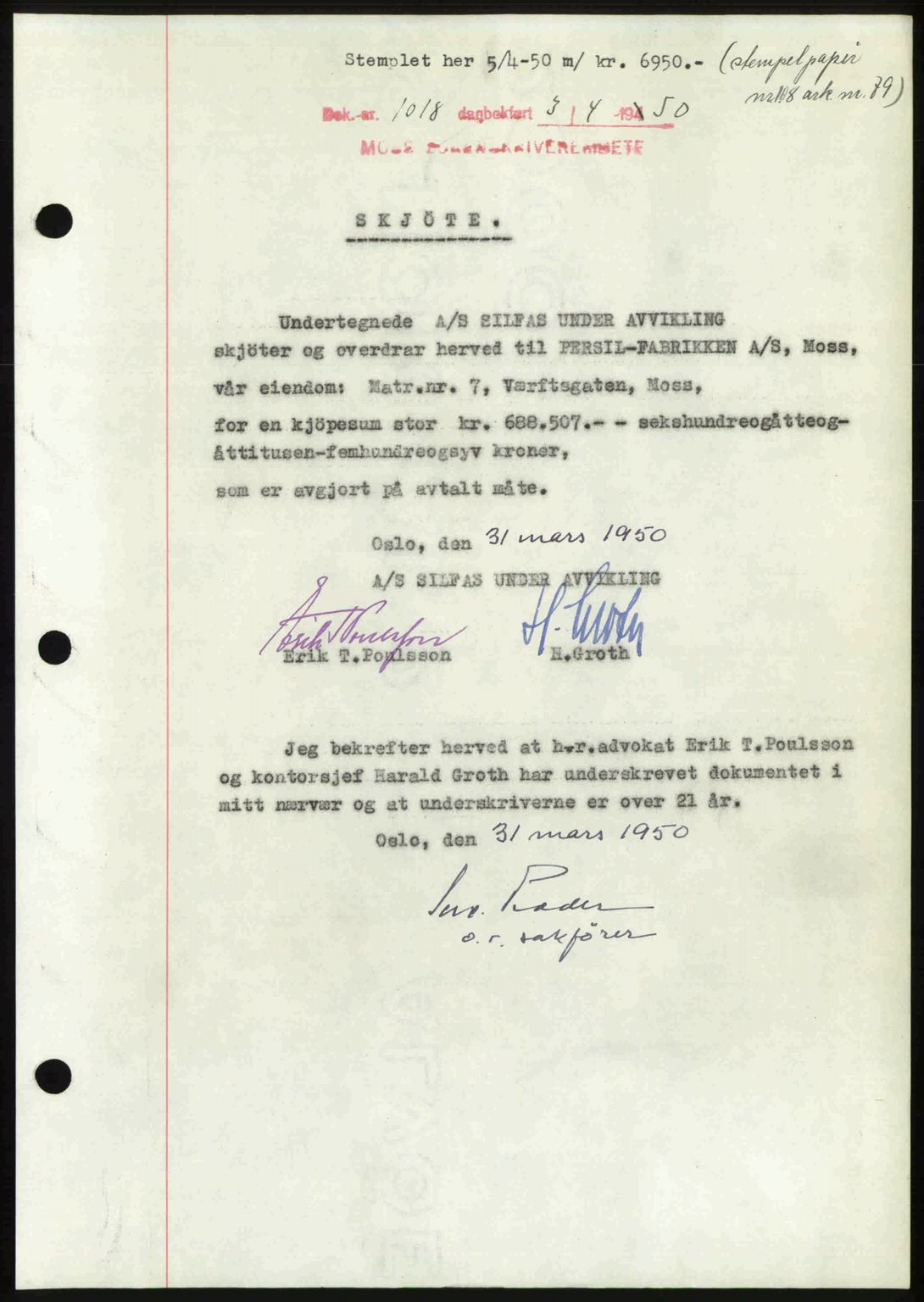 Moss sorenskriveri, SAO/A-10168: Pantebok nr. A25, 1950-1950, Dagboknr: 1018/1950