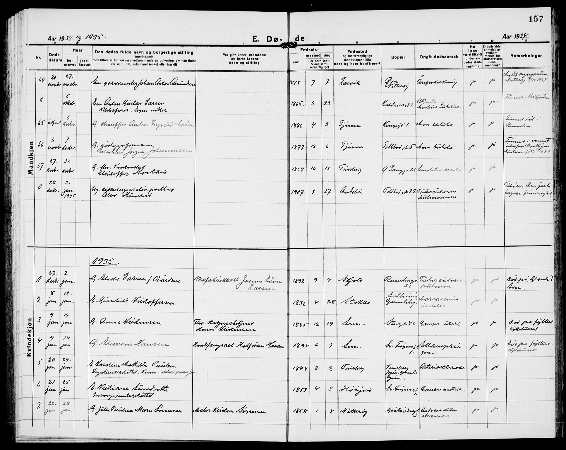 Tønsberg kirkebøker, AV/SAKO-A-330/G/Ga/L0018: Klokkerbok nr. 18, 1920-1935, s. 157