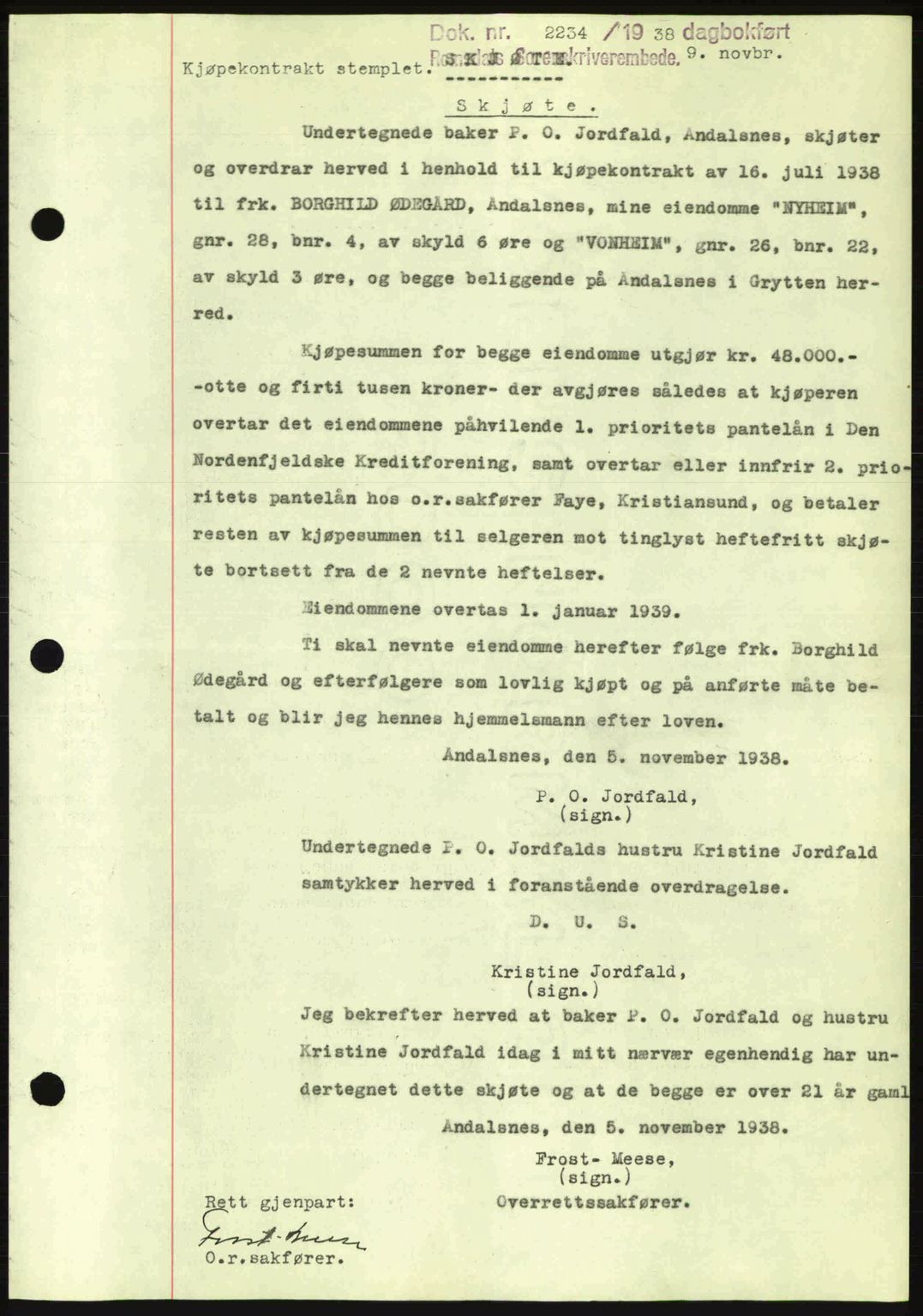 Romsdal sorenskriveri, SAT/A-4149/1/2/2C: Pantebok nr. A5, 1938-1938, Dagboknr: 2234/1938