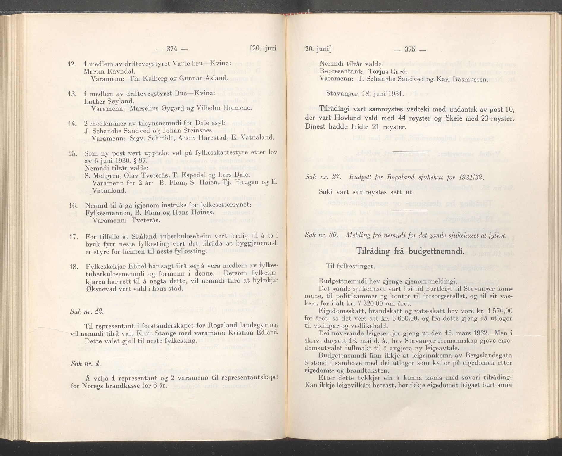 Rogaland fylkeskommune - Fylkesrådmannen , IKAR/A-900/A/Aa/Aaa/L0050: Møtebok , 1931, s. 374-375