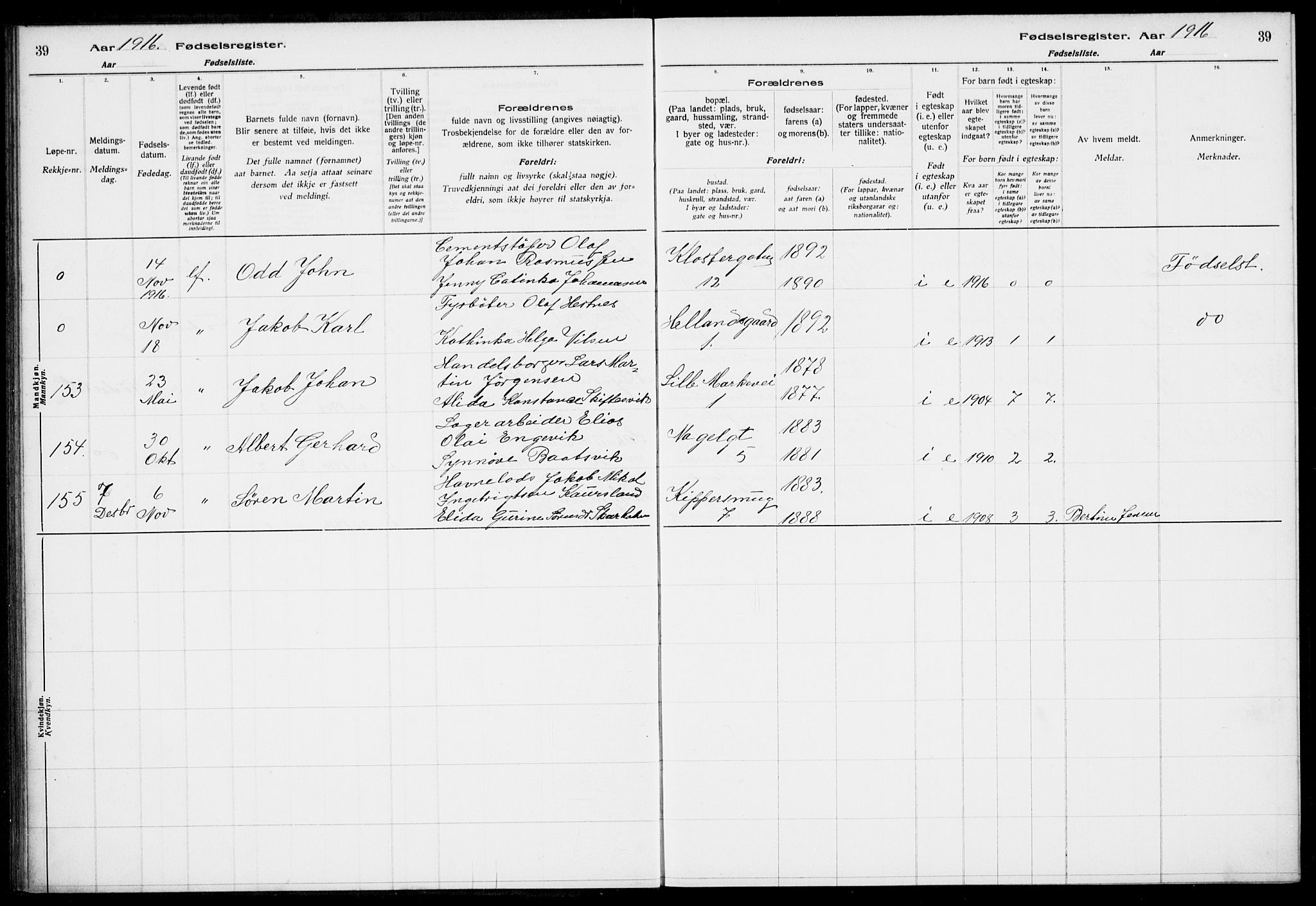 Nykirken Sokneprestembete, AV/SAB-A-77101/I/Id/L00A1: Fødselsregister nr. A 1, 1916-1922, s. 39