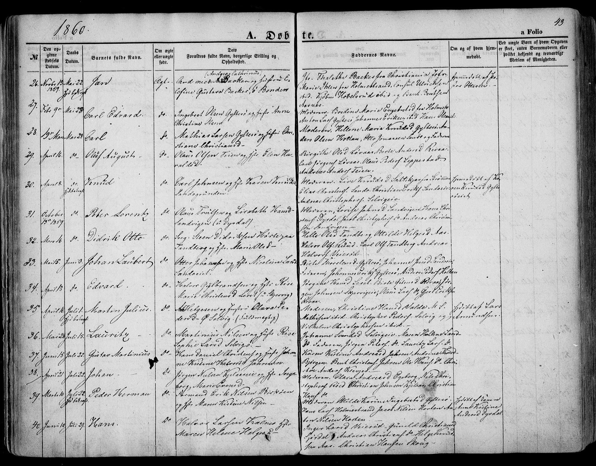 Sande Kirkebøker, AV/SAKO-A-53/F/Fa/L0004: Ministerialbok nr. 4, 1847-1864, s. 43