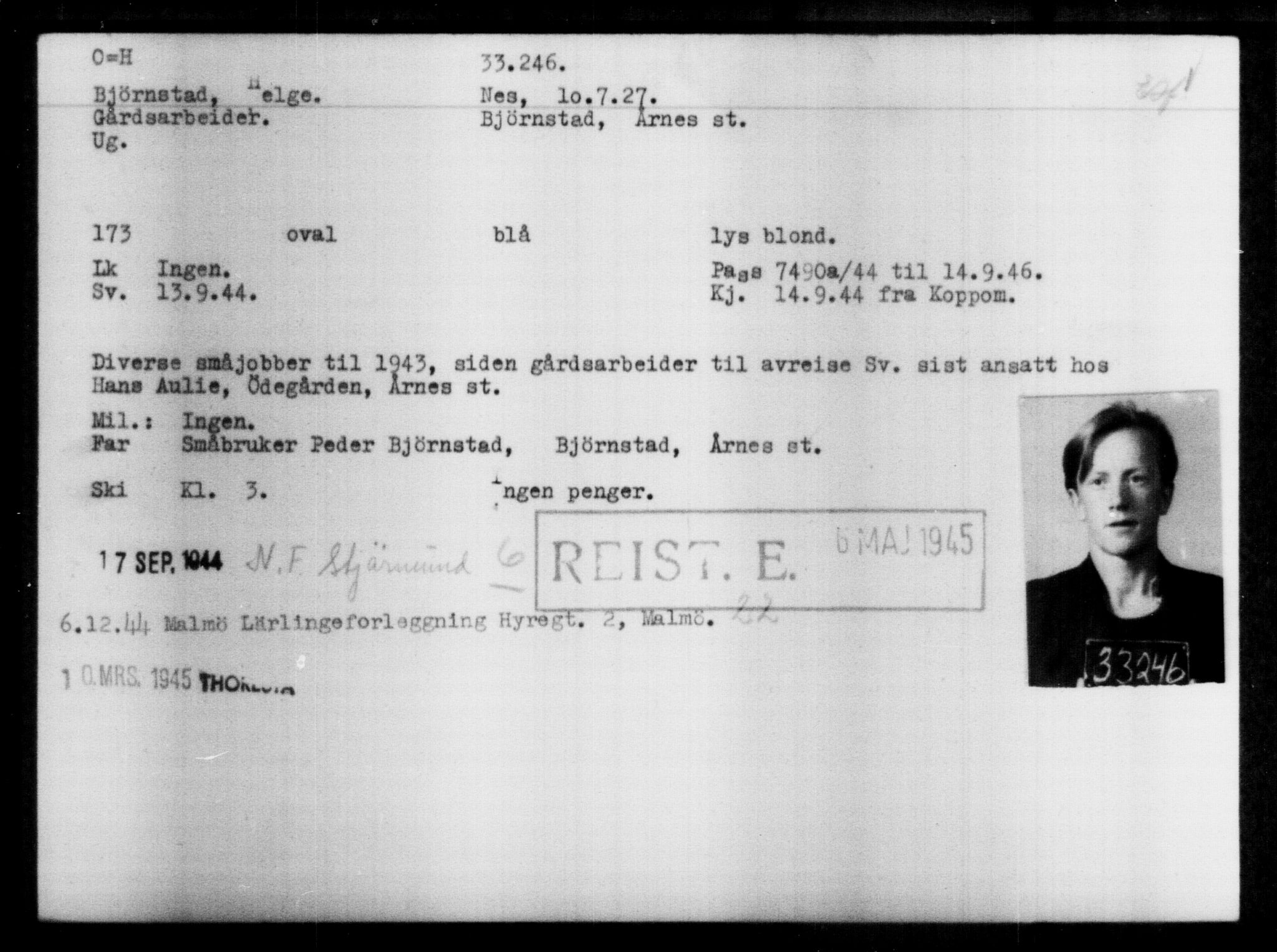 Utenriksstasjonene, Legasjonen i Stockholm, Flyktningkontoret, AV/RA-S-6753/V/Va/L0013: Kjesäterkartoteket, flyktninger med registreringsnr. 31500-34731, 1940-1945, s. 1833