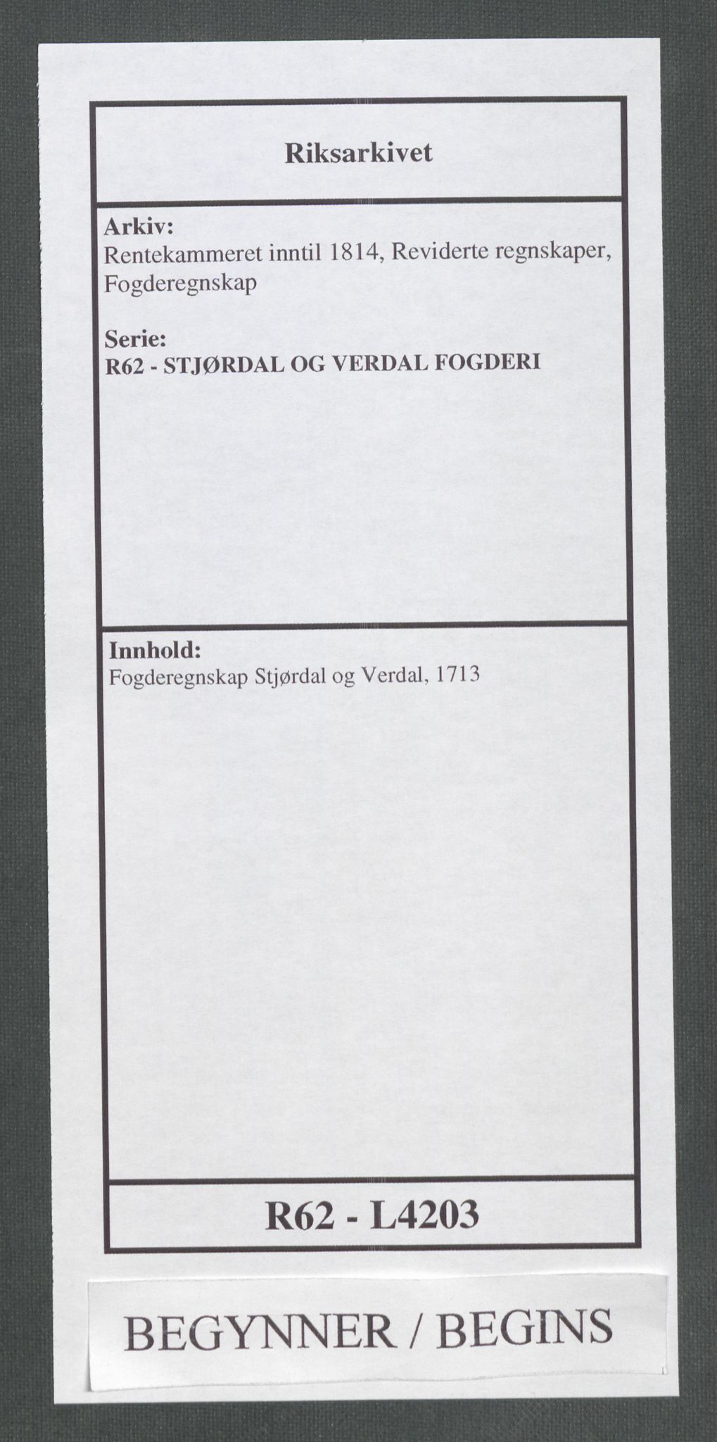 Rentekammeret inntil 1814, Reviderte regnskaper, Fogderegnskap, RA/EA-4092/R62/L4203: Fogderegnskap Stjørdal og Verdal, 1713, s. 1