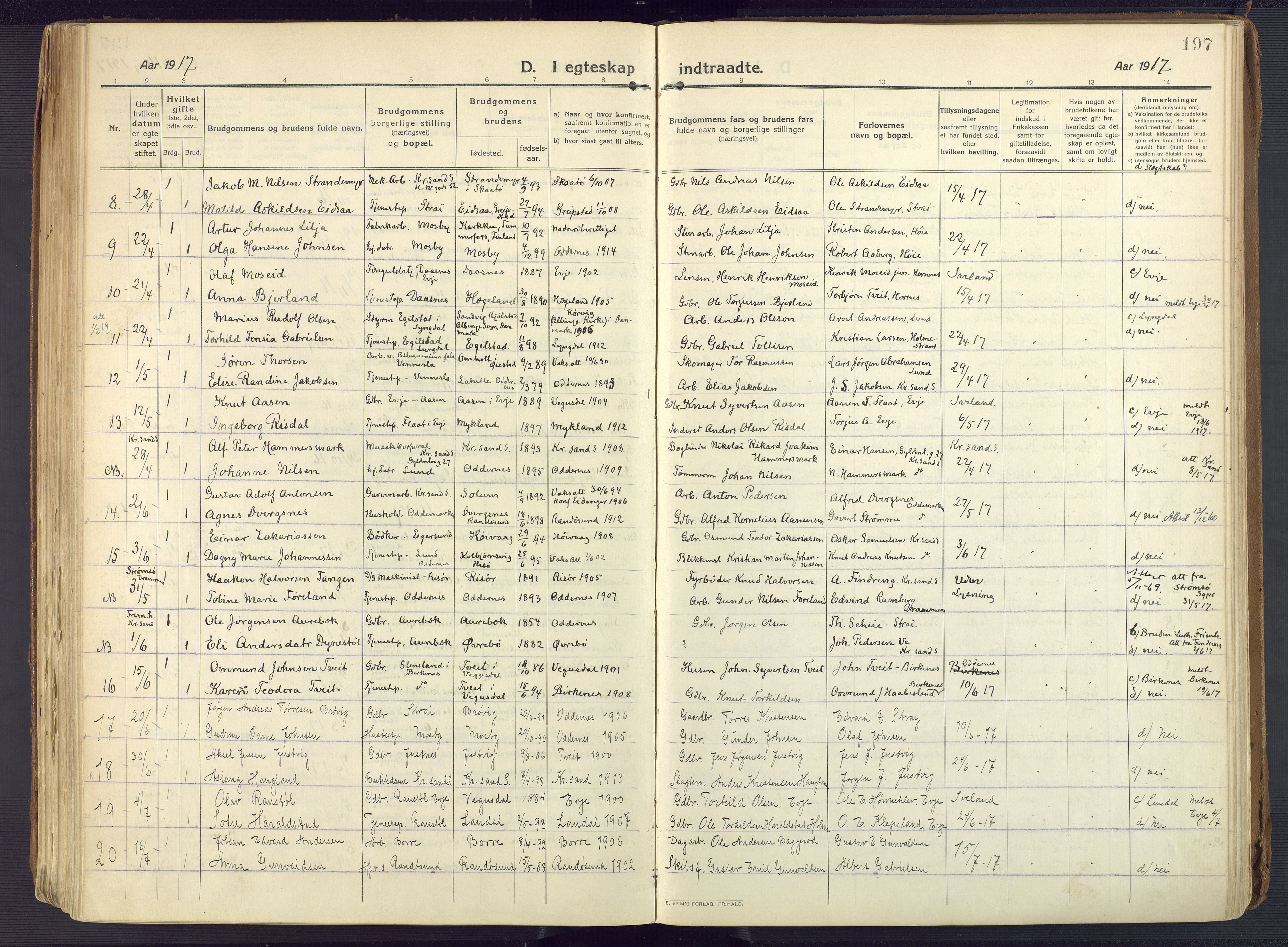 Oddernes sokneprestkontor, AV/SAK-1111-0033/F/Fa/Faa/L0012: Ministerialbok nr. A 12, 1912-1925, s. 197