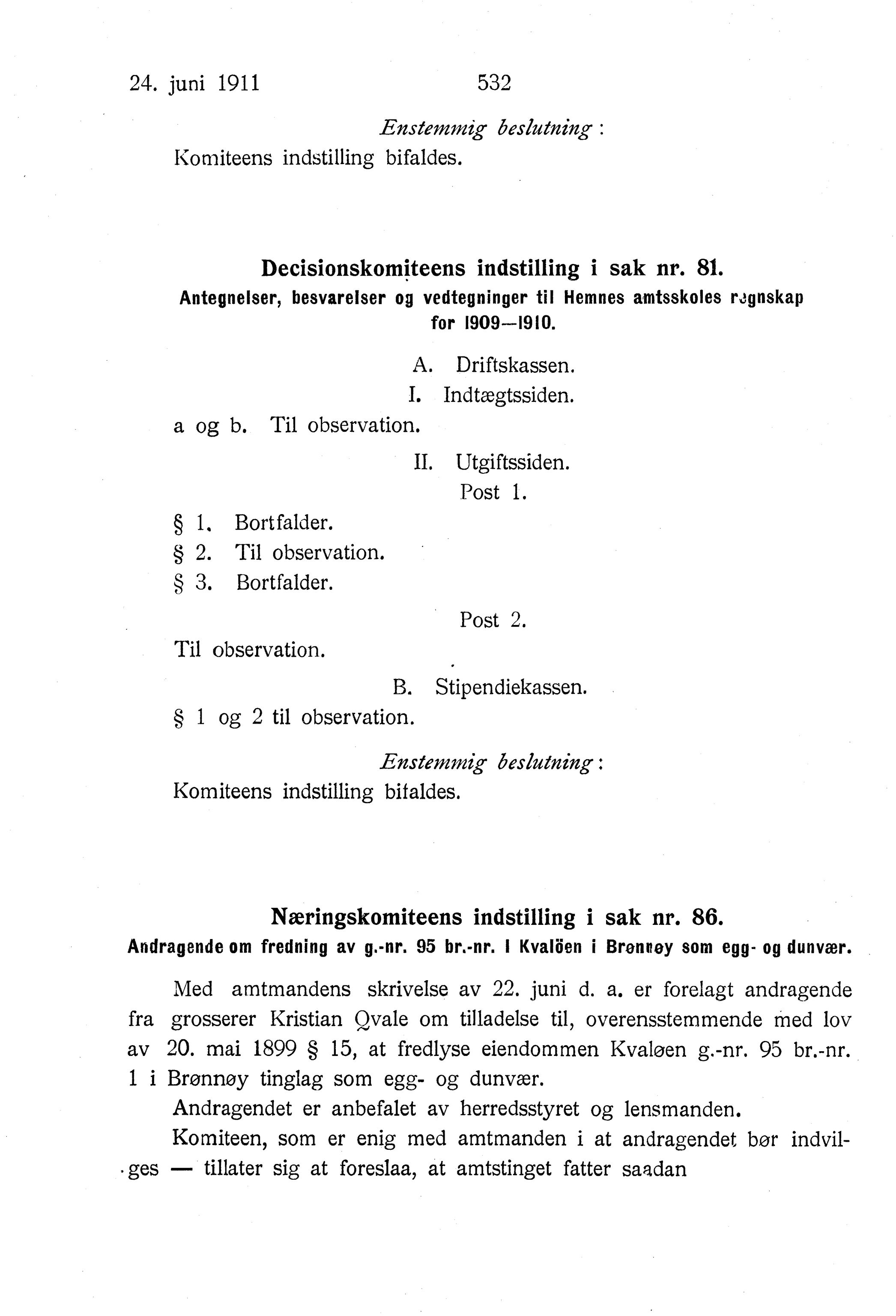 Nordland Fylkeskommune. Fylkestinget, AIN/NFK-17/176/A/Ac/L0034: Fylkestingsforhandlinger 1911, 1911