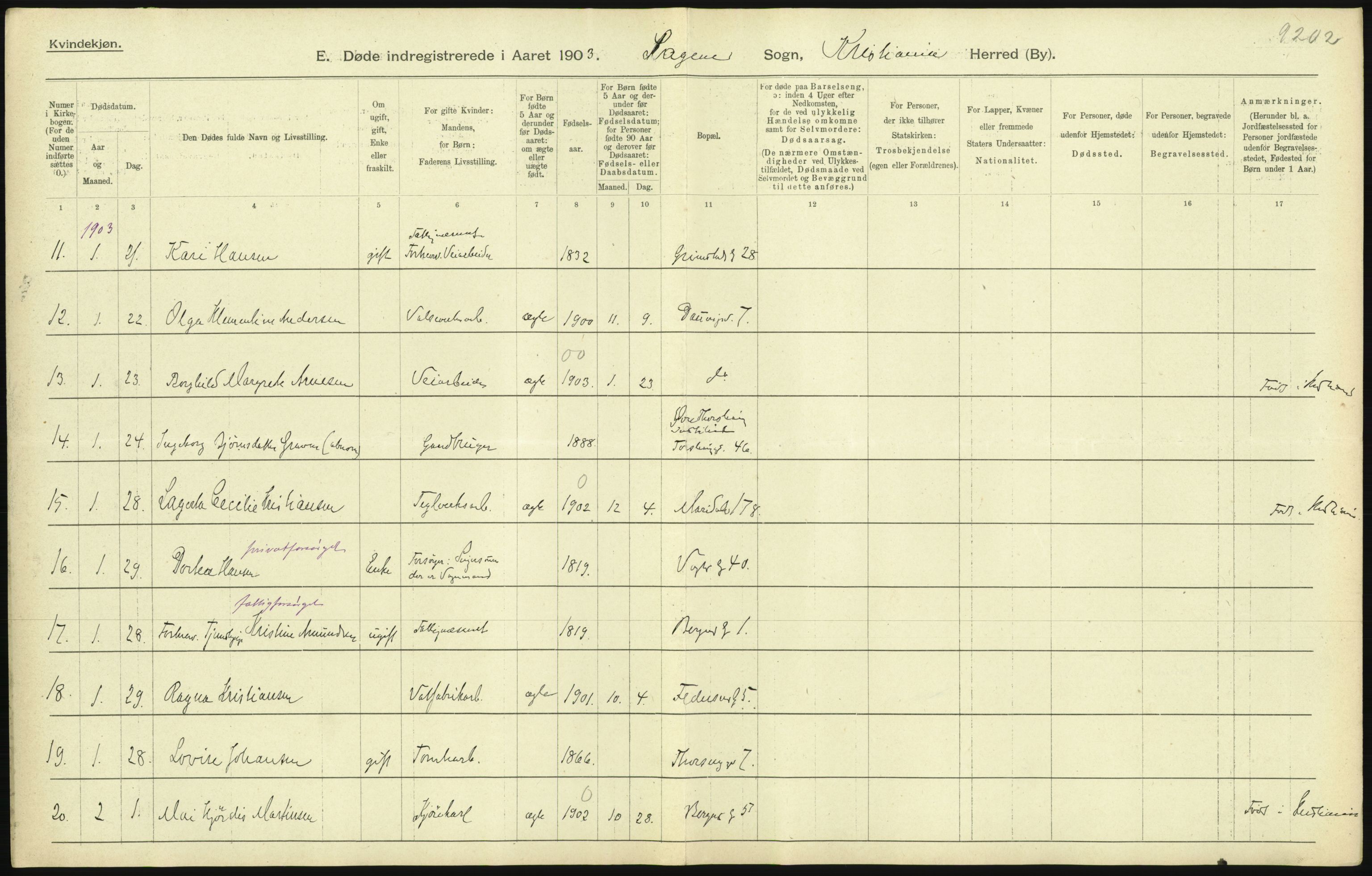 Statistisk sentralbyrå, Sosiodemografiske emner, Befolkning, AV/RA-S-2228/D/Df/Dfa/Dfaa/L0004: Kristiania: Gifte, døde, 1903, s. 95