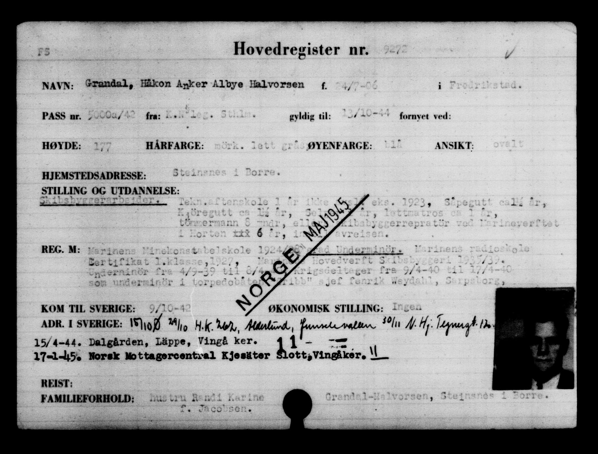 Utenriksstasjonene, Legasjonen i Stockholm, Flyktningkontoret, AV/RA-S-6753/V/Va/L0005: Kjesäterkartoteket, flyktninger med registreringsnr. 6600-9417, 1940-1945, s. 3155