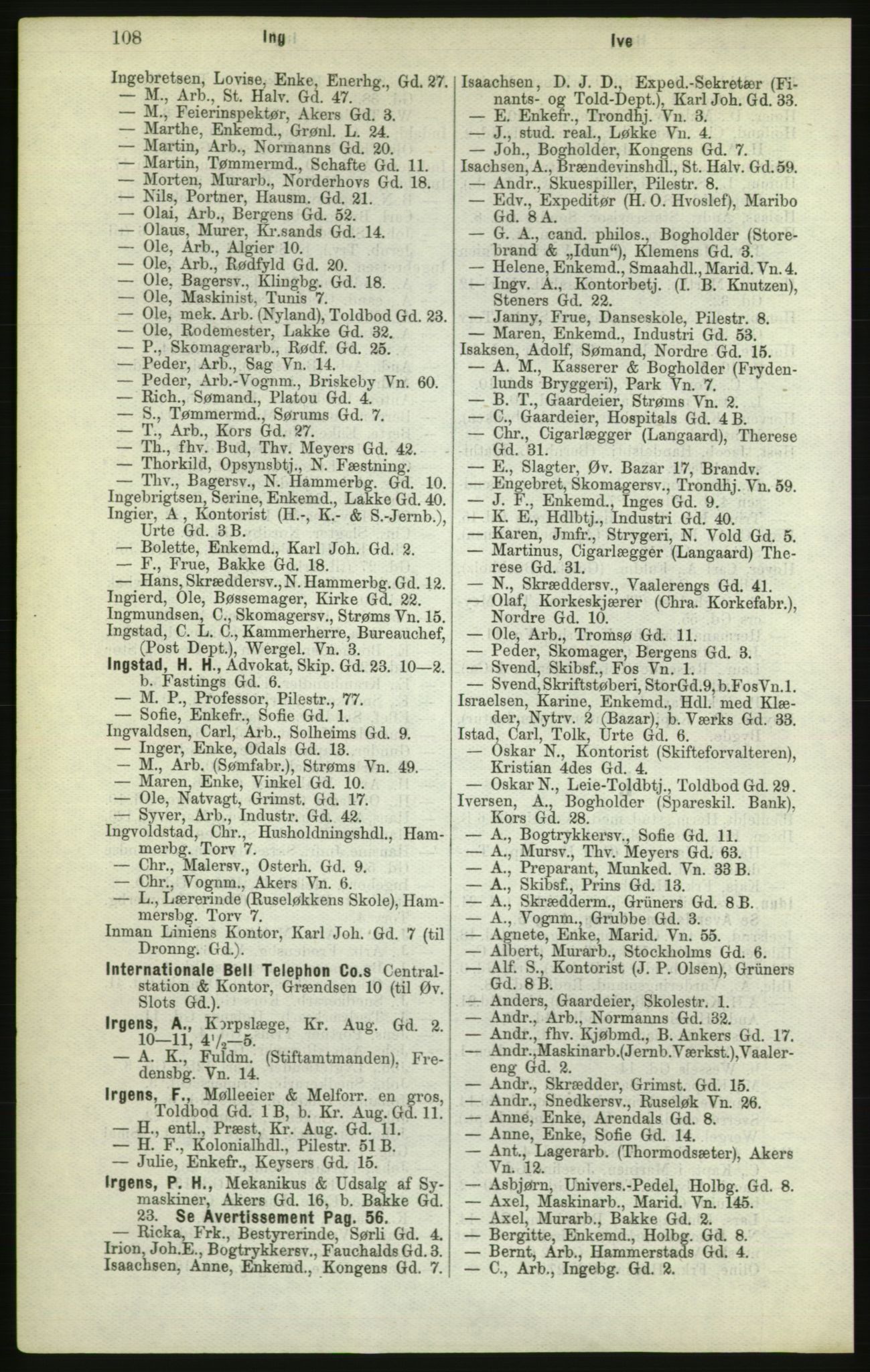 Kristiania/Oslo adressebok, PUBL/-, 1882, s. 108